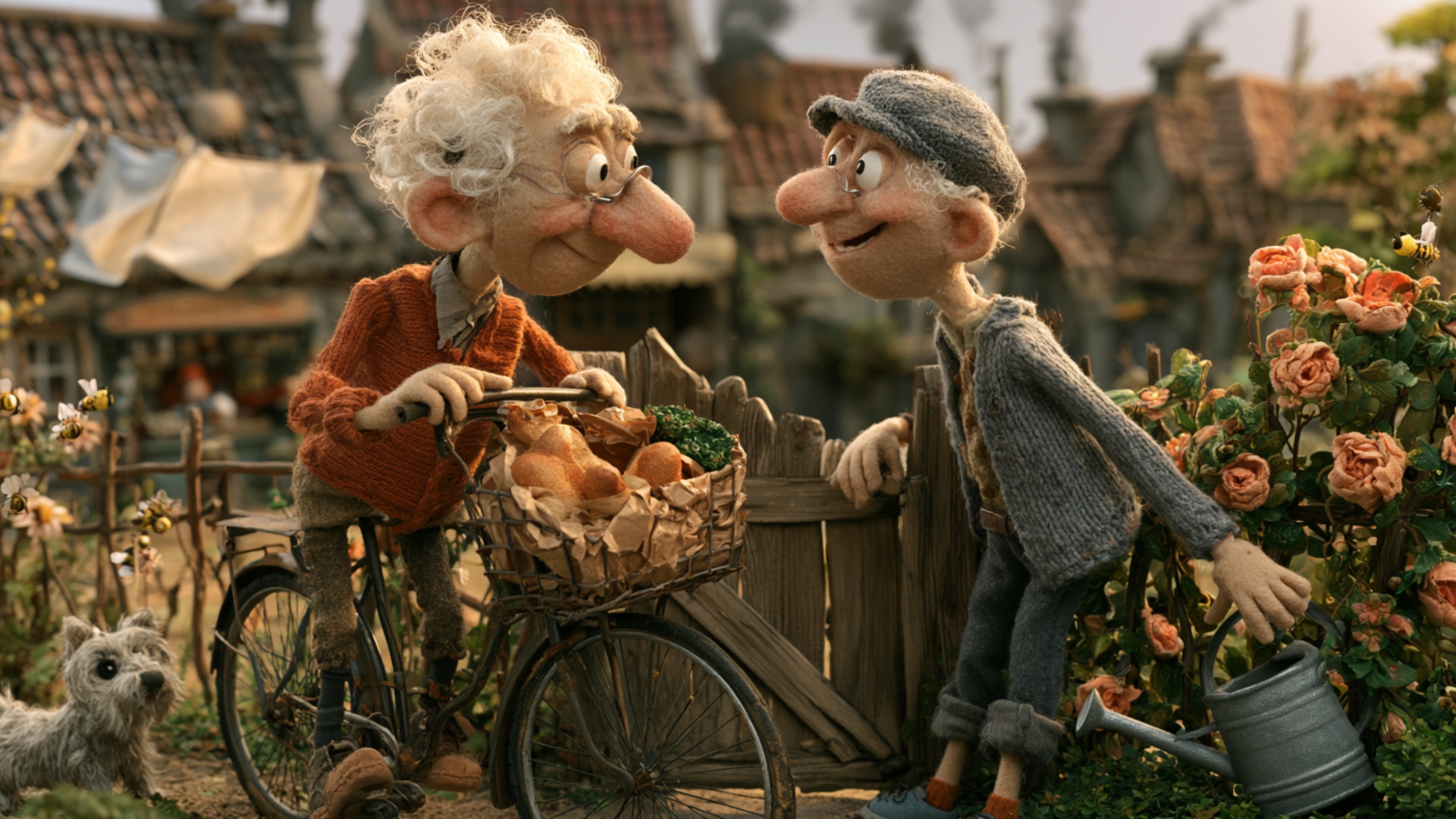 Keep the bicycle, gate and watering can completely fixed. The man with the bicycle gives one slow...