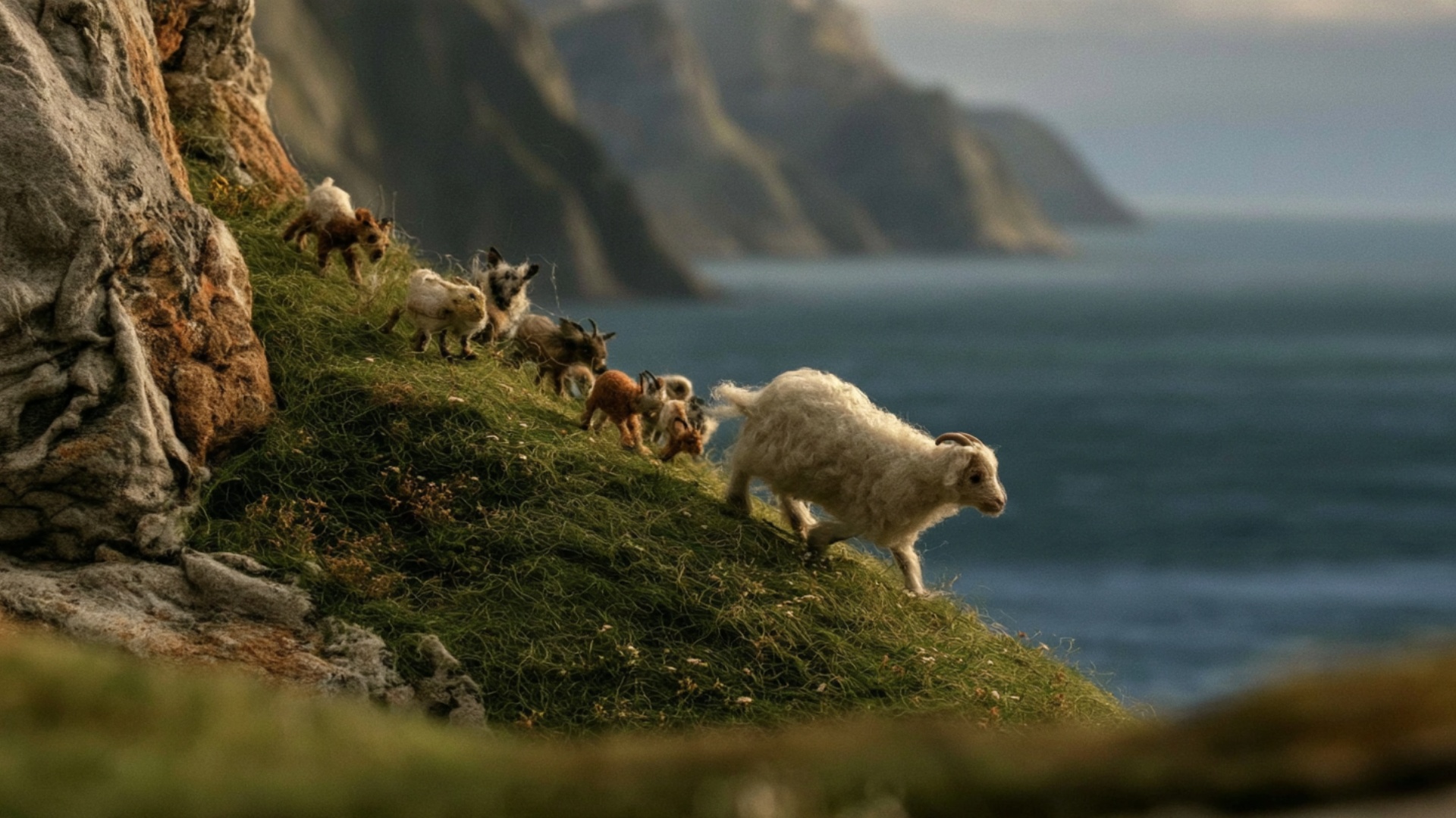 Gentle lateral follow toward screen-right. The large white goat at the front continues diagonally...