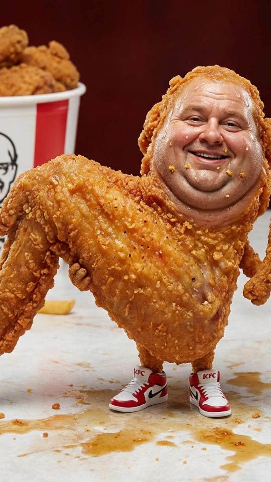A funny, absurd animated scene of a crispy fried chicken drumstick (KFC-style) dancing energetica...