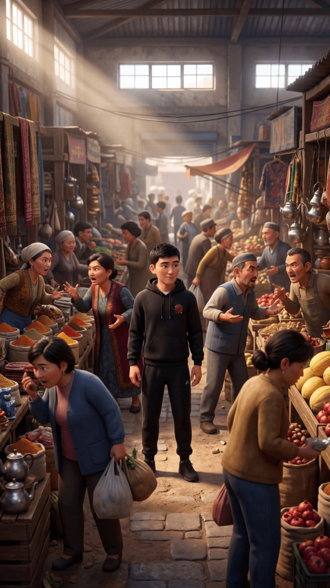 Cinematic Pixar style 3D animation, vertical 9:16.

Spring daytime, Moscow bazaar.

Baktybek:...