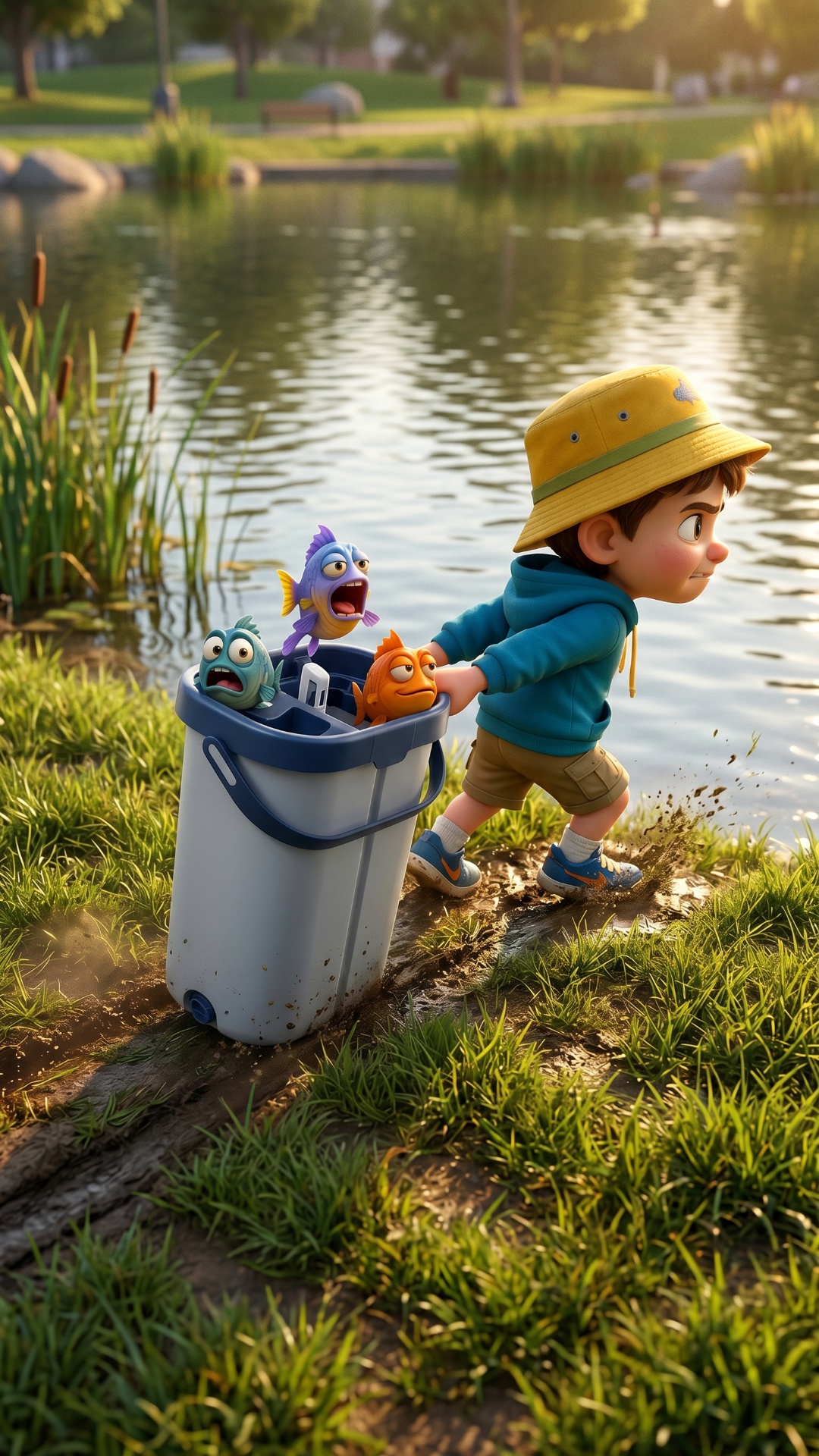 Little boy struggles dragging heavy Eltronic bucket toward lake with both hands. Mud splashes sli...