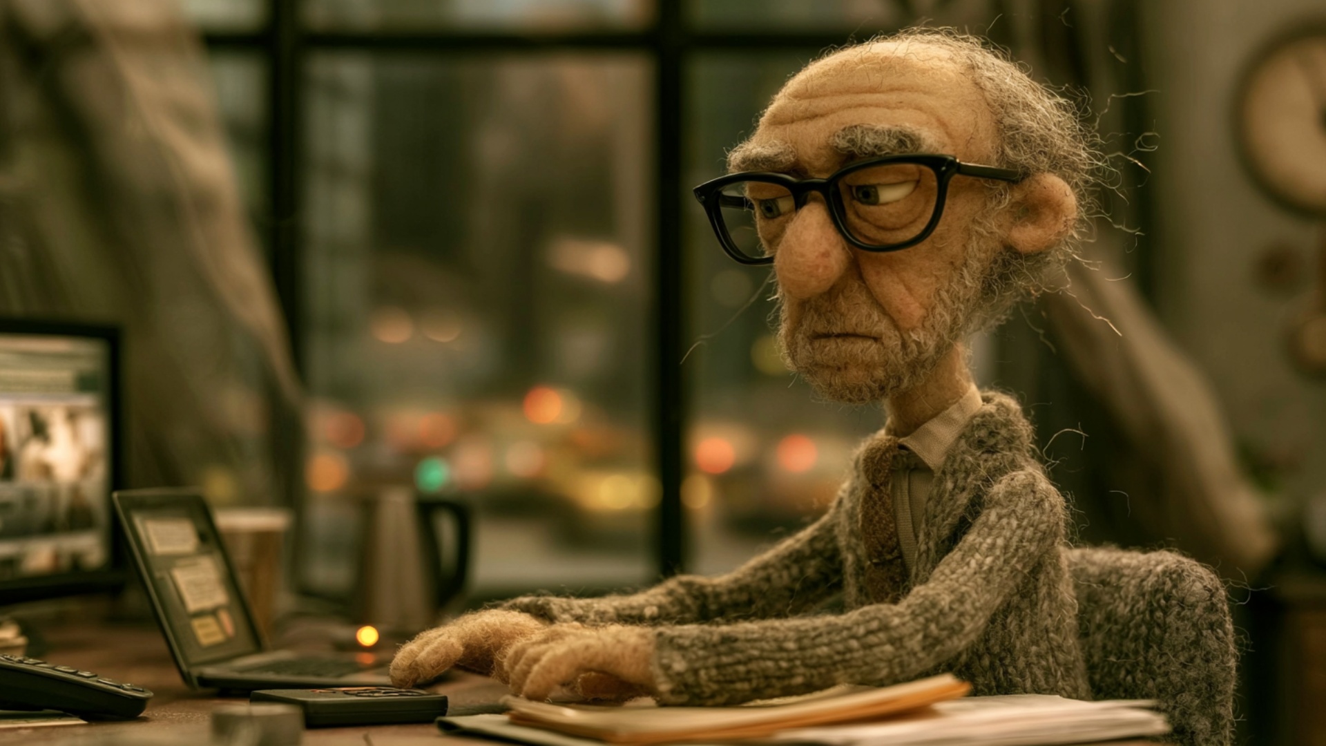 The elderly man rapidly taps several keys on the small device beneath his hands, pauses, glances ...