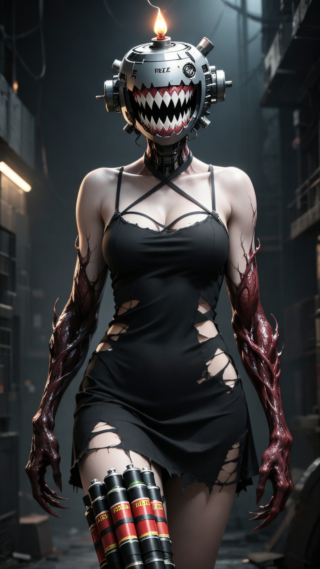 A cinematic anime-style video of Reze from Chainsaw Man. A slim and beautiful young woman with a ...