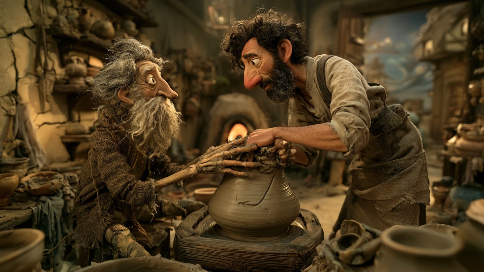 Cinematic push toward the spinning pottery wheel. The clay vessel rotates continuously while the ...