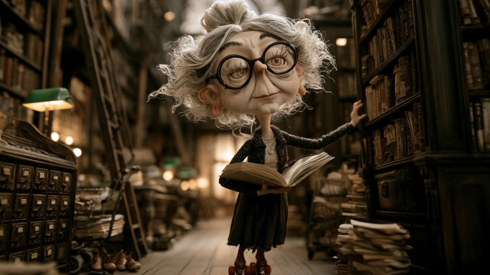 Single continuous 5-second cinematic shot. The elderly librarian gently pushes away from the book...