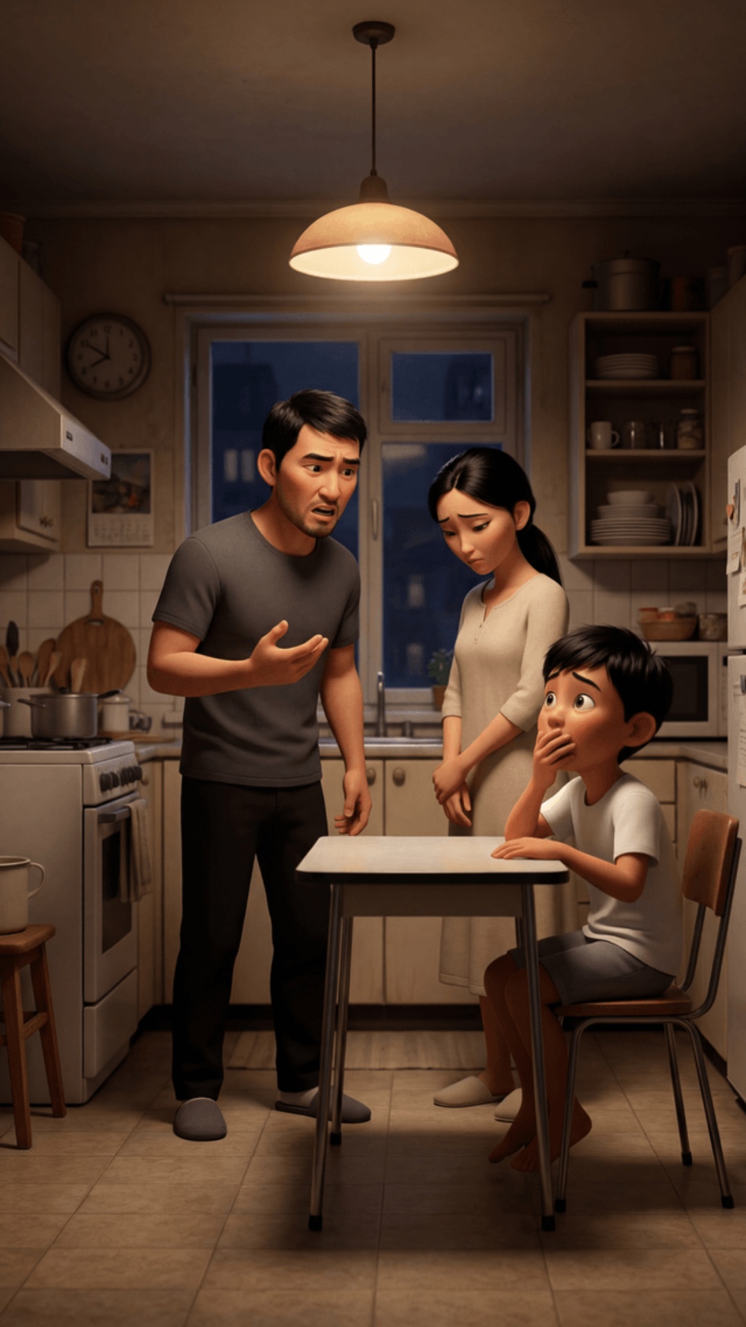 SCENE 3 — Conflict (6–9s)

Background: father slightly raising voice, mother looking down.

B...
