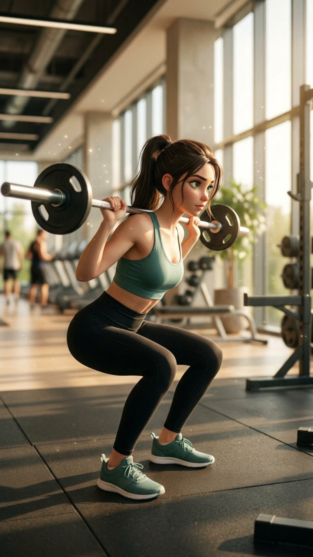 Scene: Bright modern gym with large windows, warm sunlight beams, blurred background with equipme...