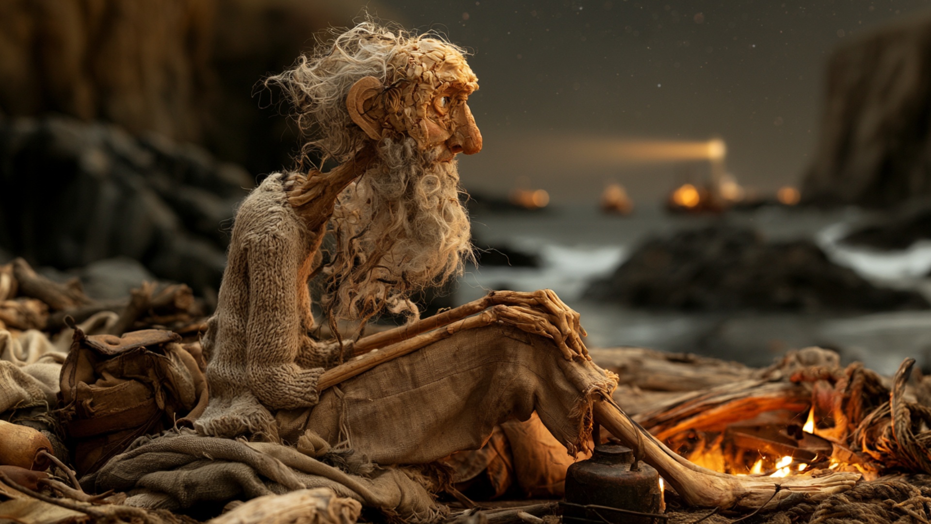 The elderly man stays seated beside the small campfire, maintaining his exact body position. The ...