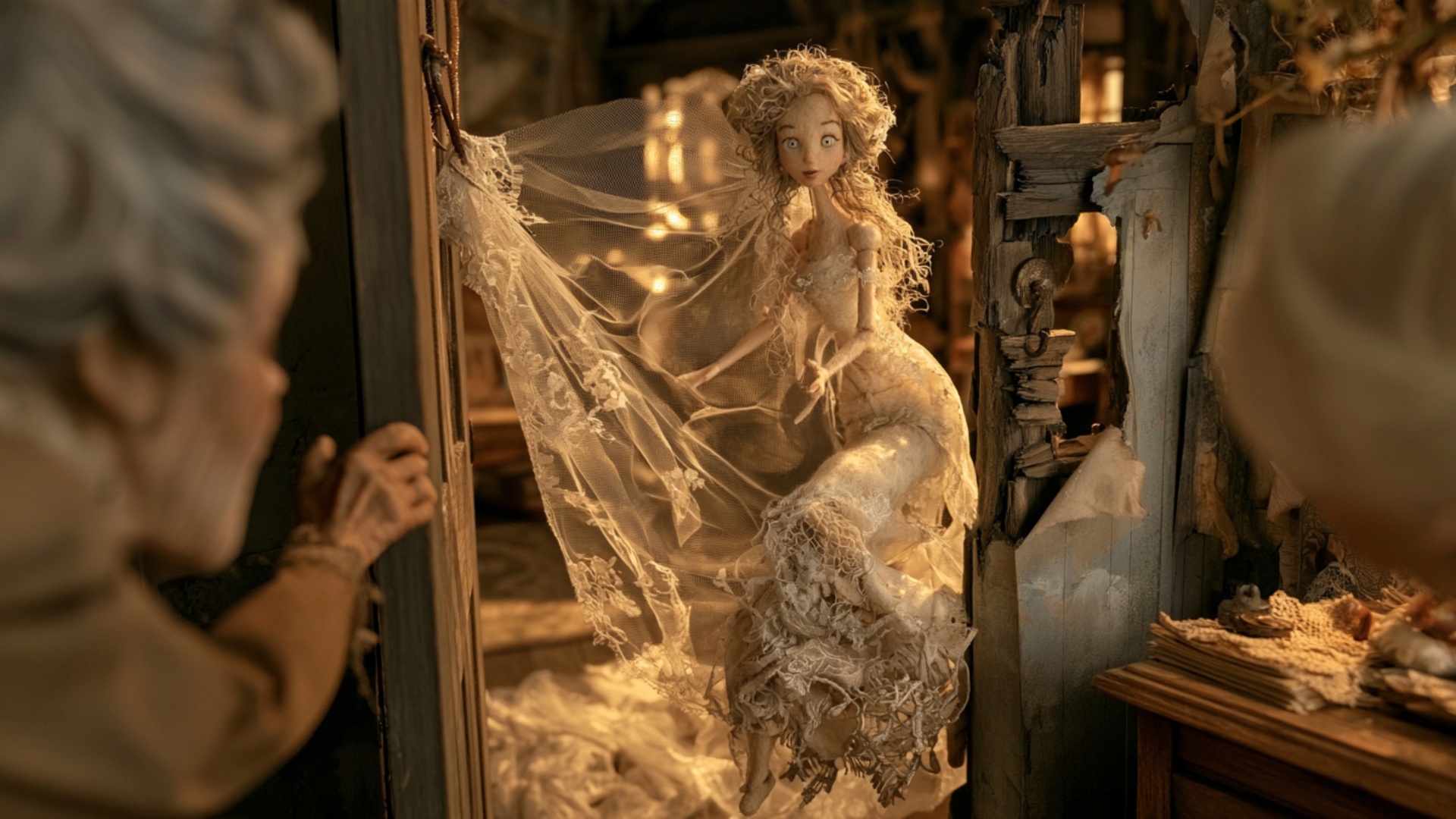 The hand unhooks the veil in one quick motion and it swings free, the bride's whole body lurching...