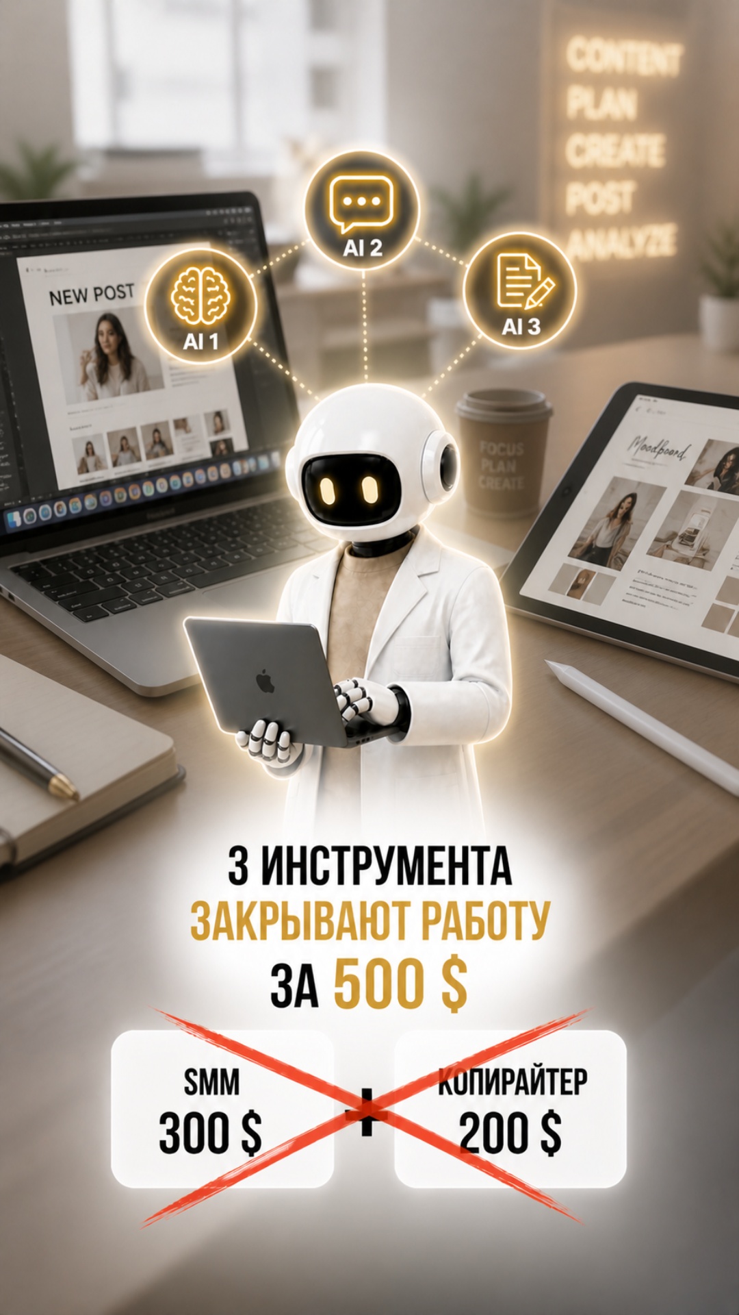 Subject: Робот  
Context: Однородный фон, чтобы выделить анимацию  
Action: Вокруг робота появляю...