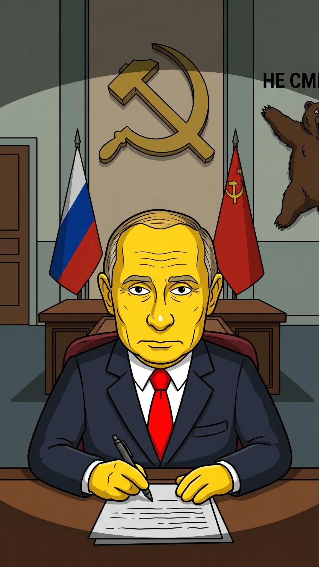 Крупный план пожилого президента с жёлтой мультяшной кожей, лысеющий с аккуратными короткими воло...