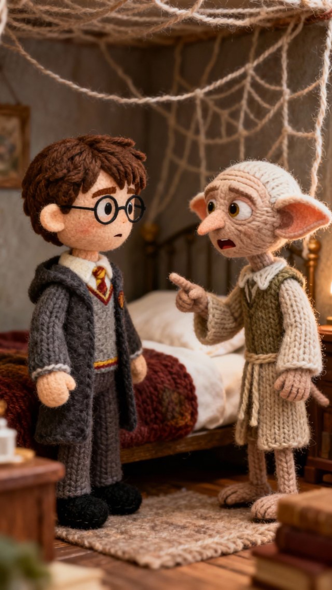 Animate the knitted figures of Harry Potter and the elf Dobby with soft body movements and blinki...