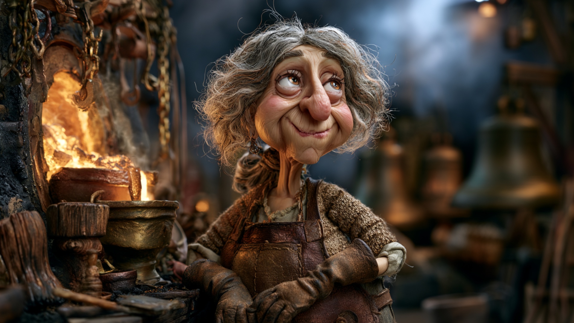 The elderly craftswoman remains standing calmly beside the glowing furnace. She slowly turns her ...
