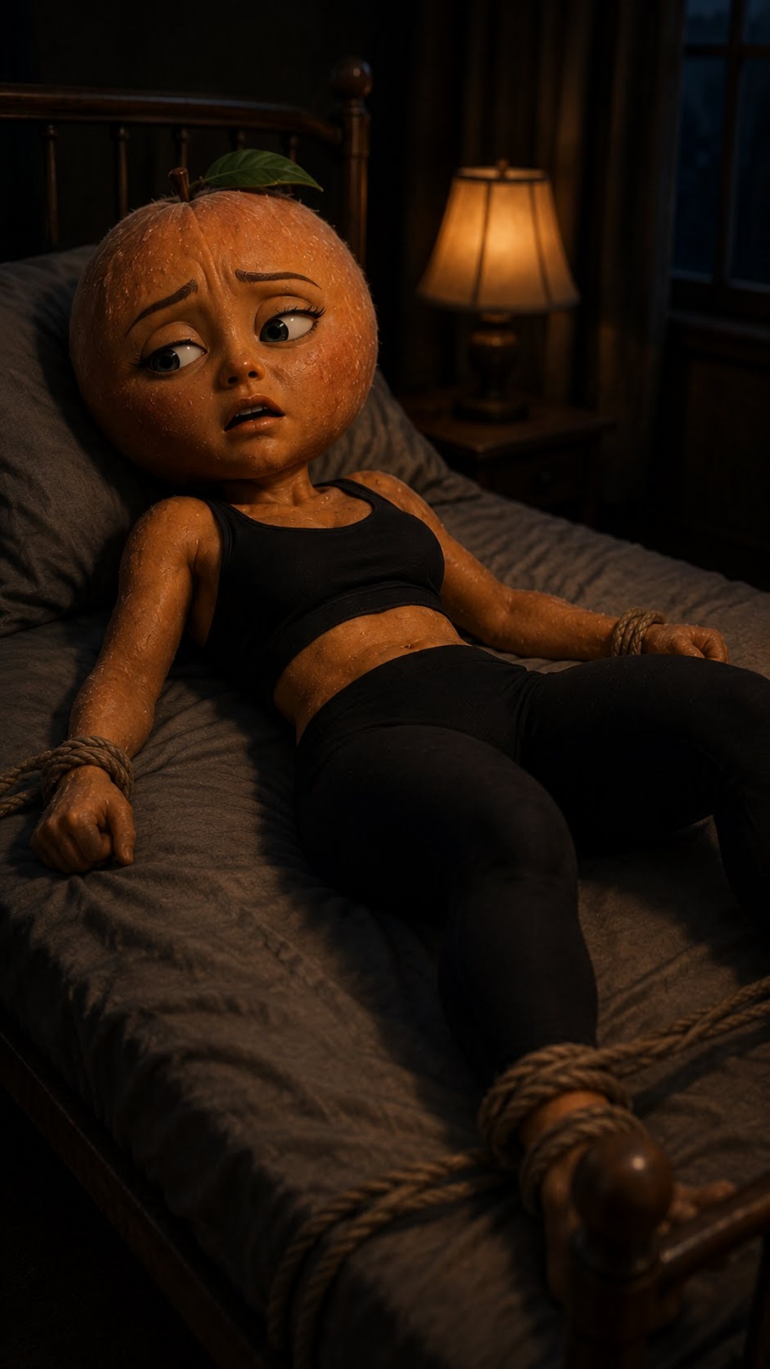 Animate this reference image as a vertical 9:16 cinematic stylized 3D drama scene. The peach-head...