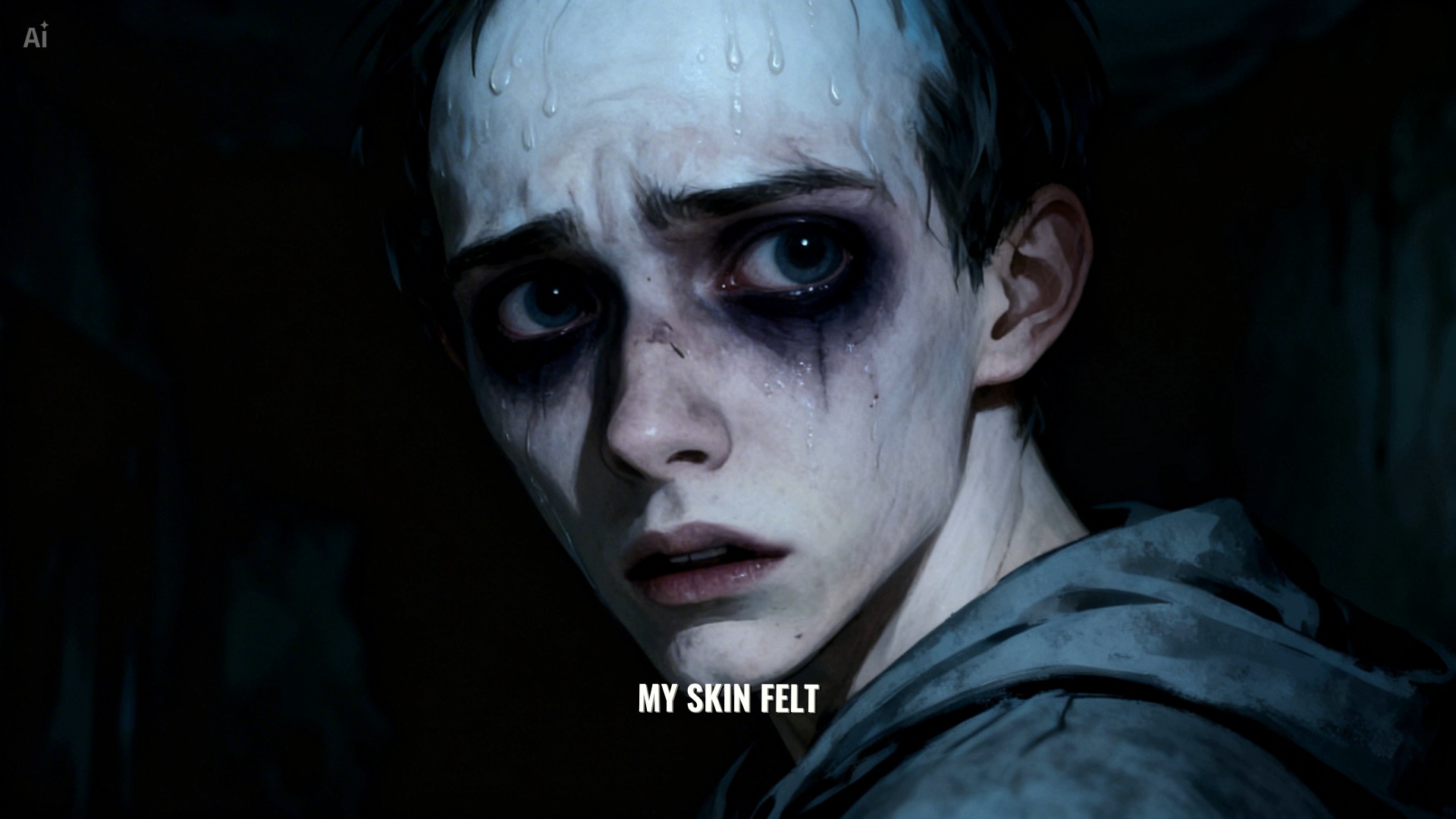 Убрать все надписи и ии артефакты. 
Cinematic horror close-up. The pale young man with dark circl...