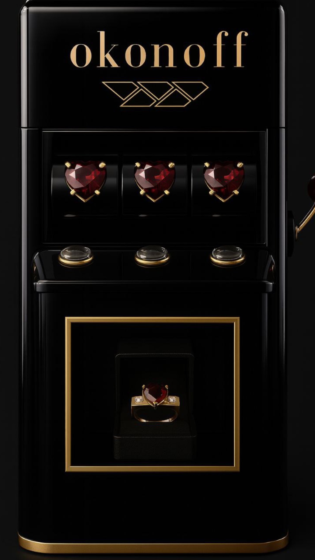 A luxurious black and gold slot machine branded "okonoff" stands centered against a dark glossy b...