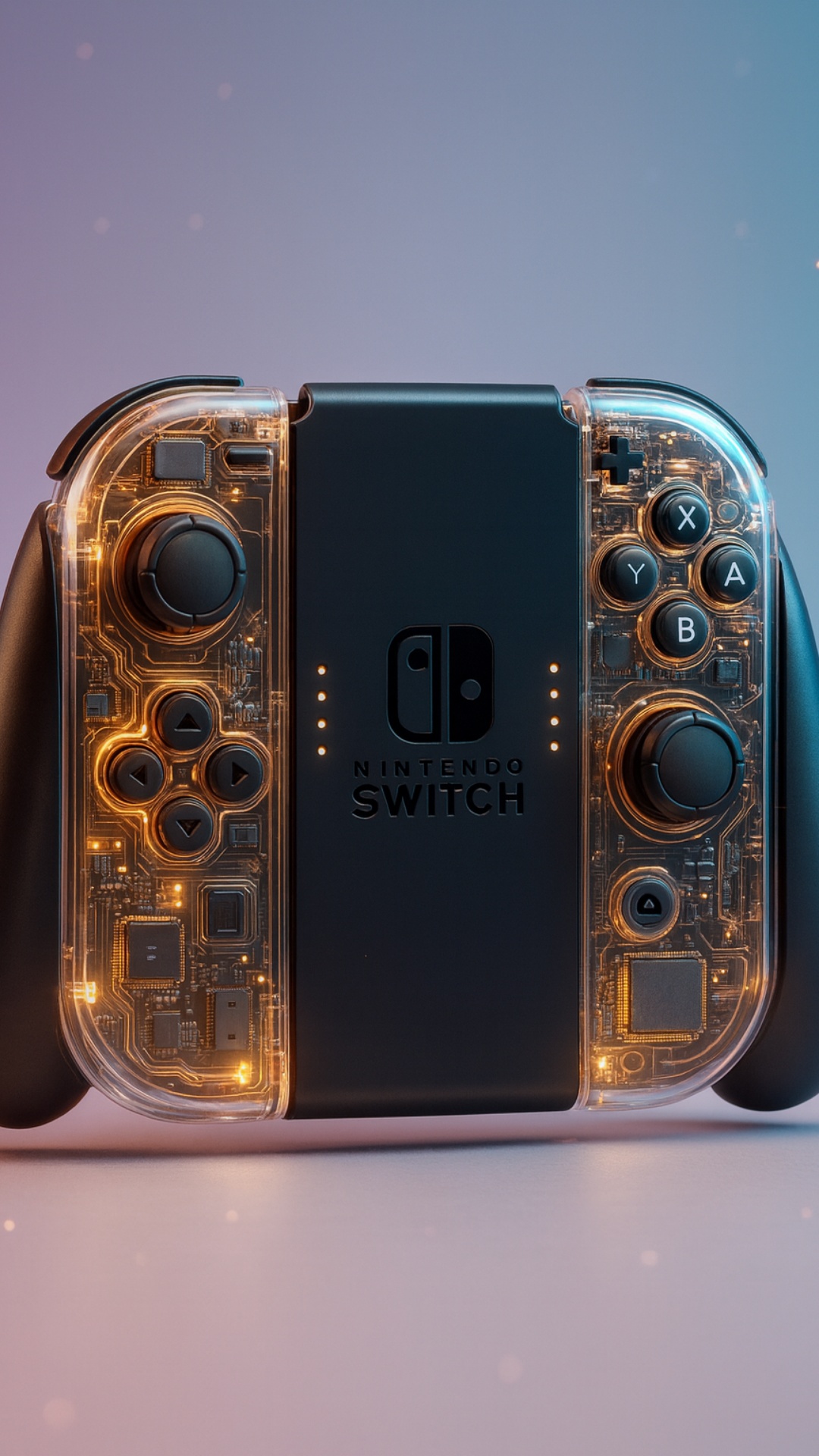A cinematic slow pan across a futuristic transparent Nintendo Switch controller glowing with gold...