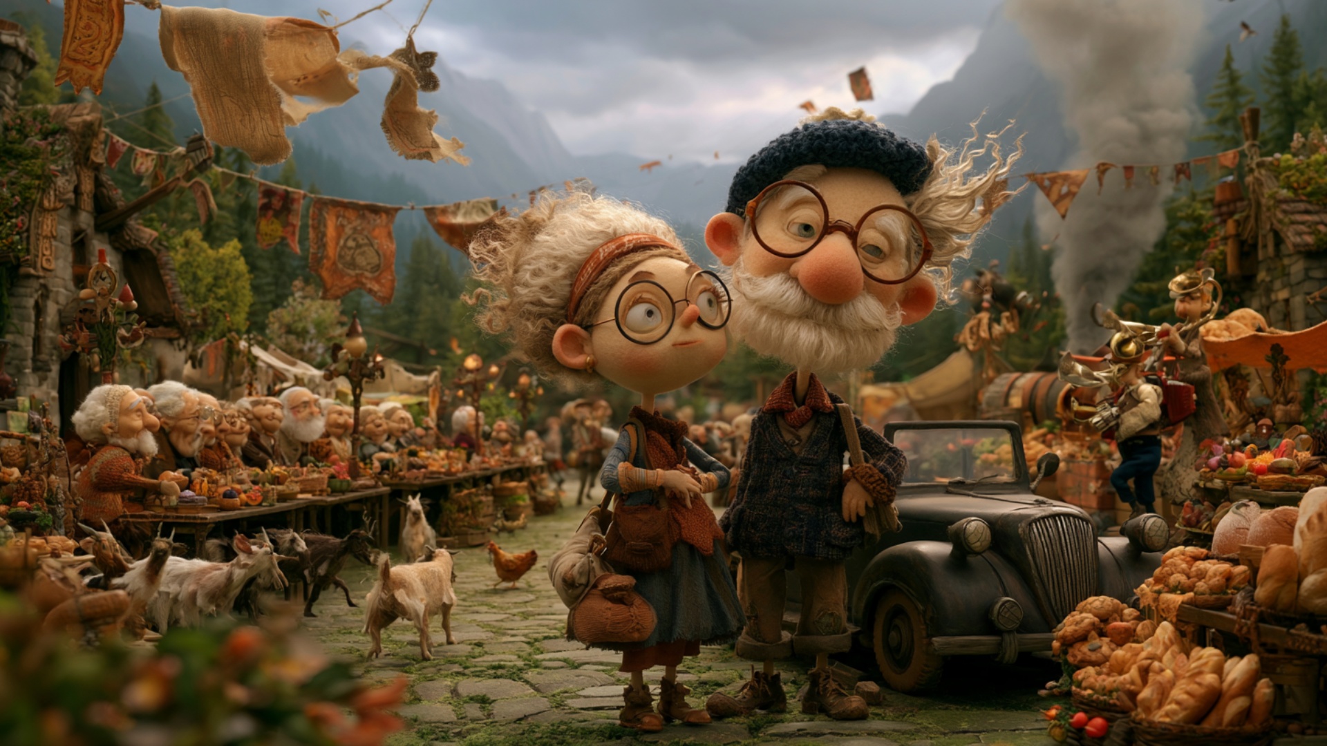 The elderly couple stands beside the vintage car and slowly looks around in delighted surprise as...