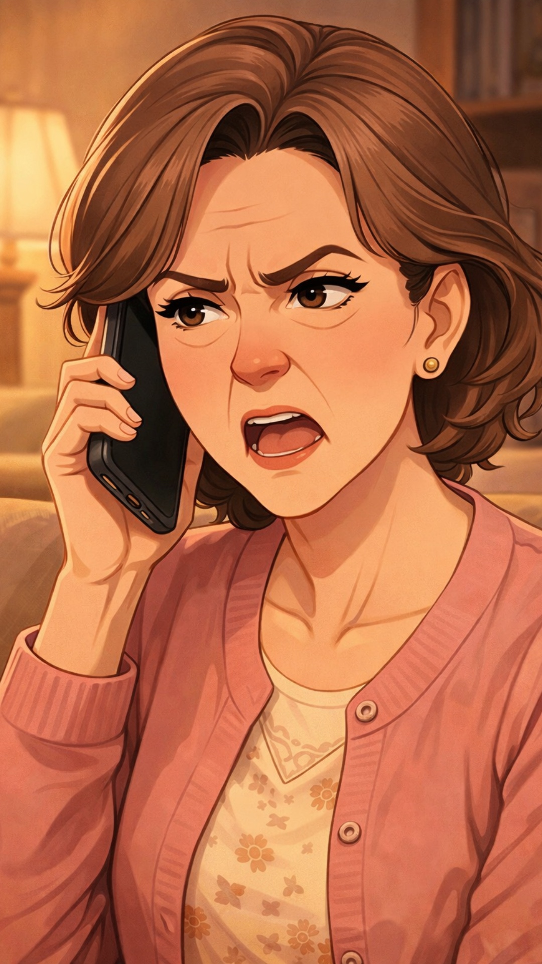 A middle-aged woman sitting in a living room, talking on the phone with an irritated expression. ...
