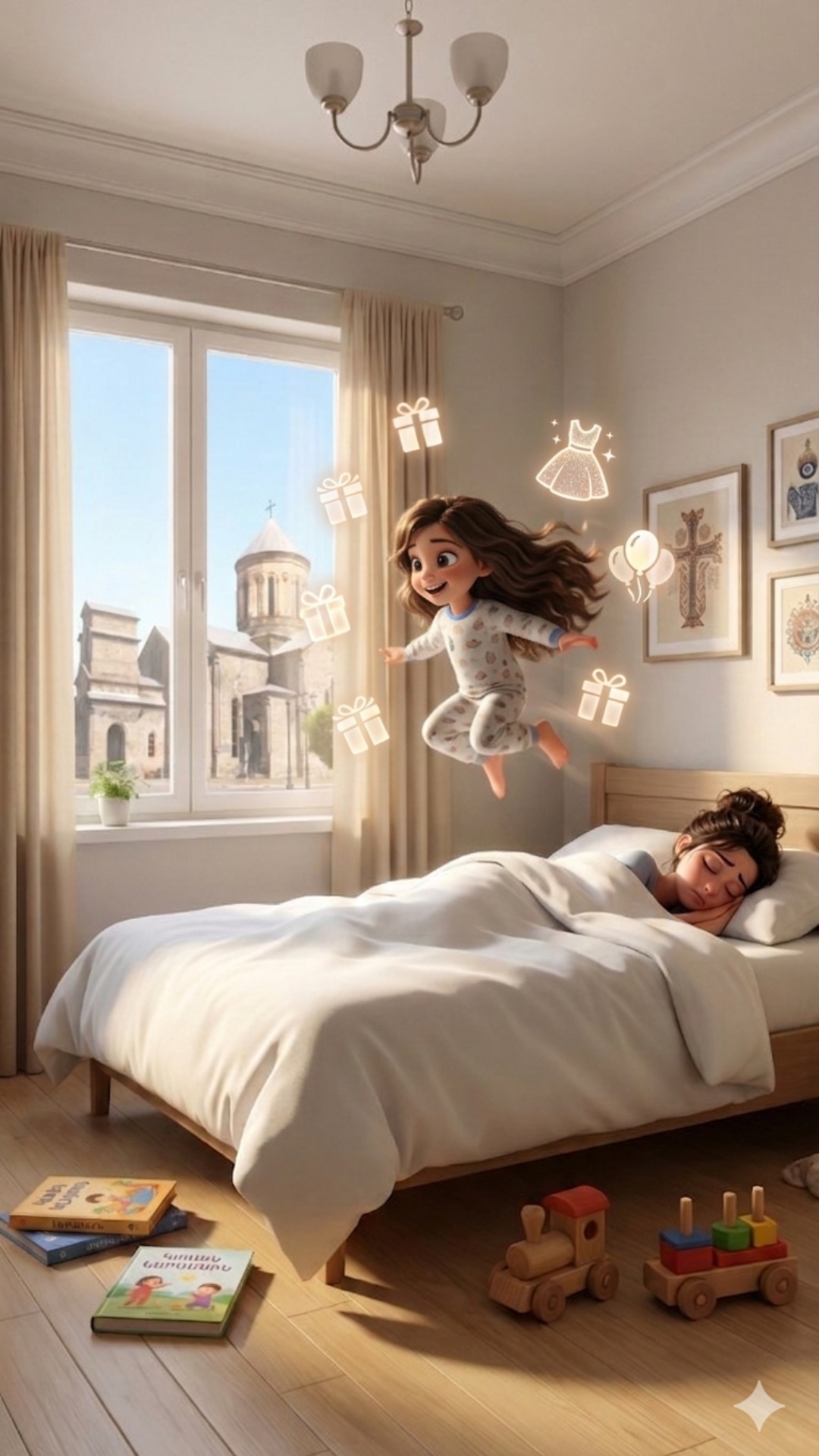 Драматичная сцена 3D-анимации. Мама резко вскакивает в постели с выражением шока и паники на лице...