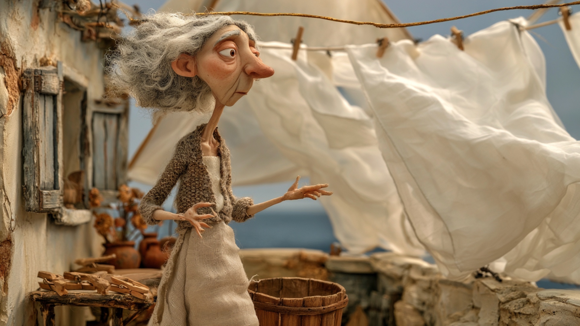 A strong coastal breeze fills the large white sheets already hanging behind the woman, making the...