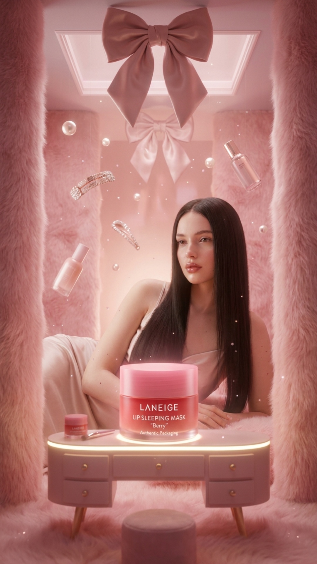 cinematic camera slowly moving through fluffy pink curtains into dreamy dollhouse world, girl lay...