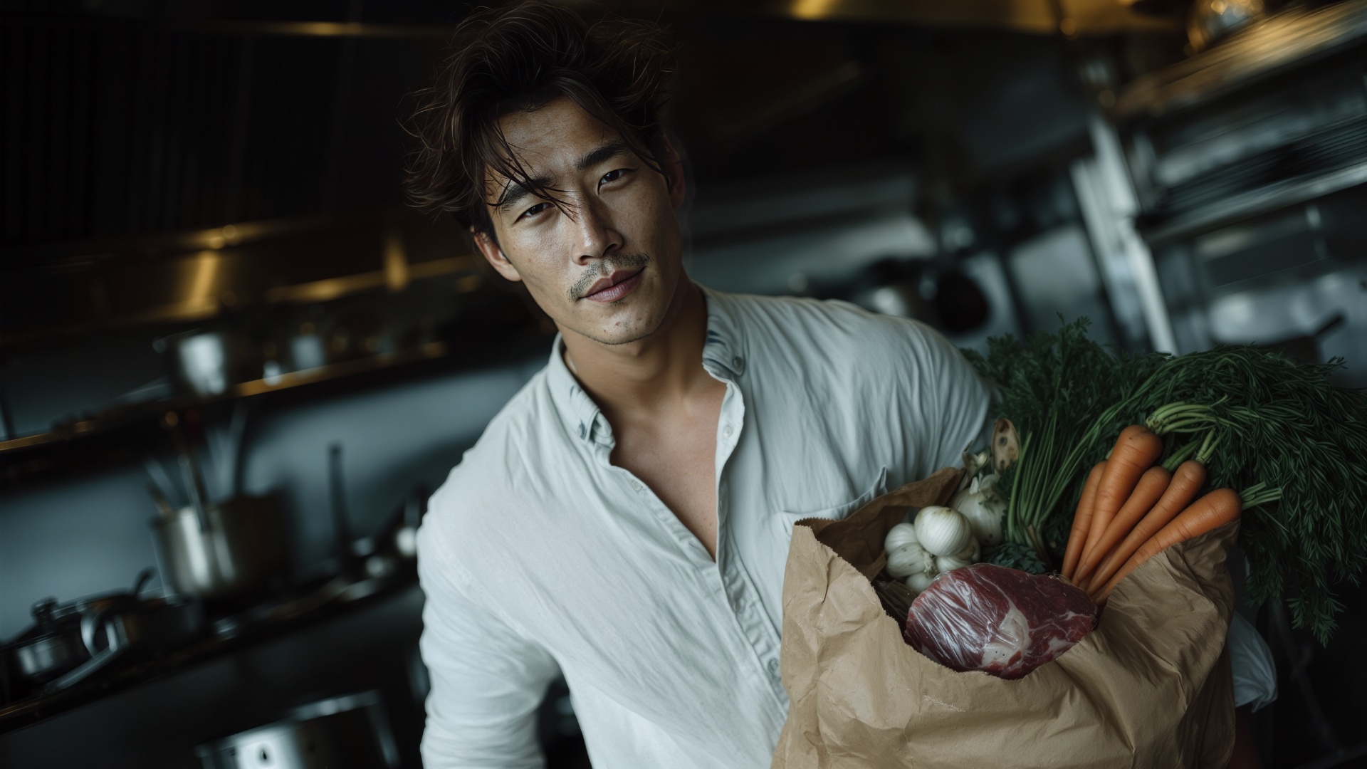 Medium tracking shot — the heavy wooden door swings open, and the chef steps in, carrying a brown...