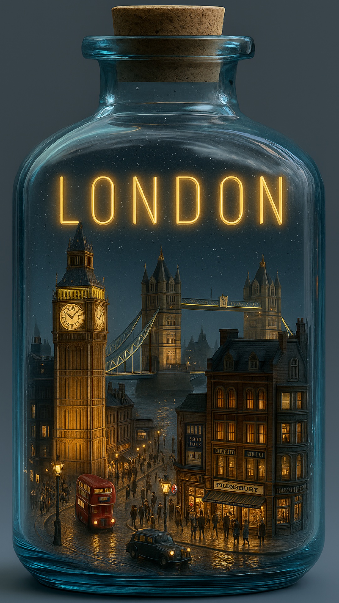A slow, cinematic rotation of a transparent glass bottle sealed with a cork, containing a highly ...