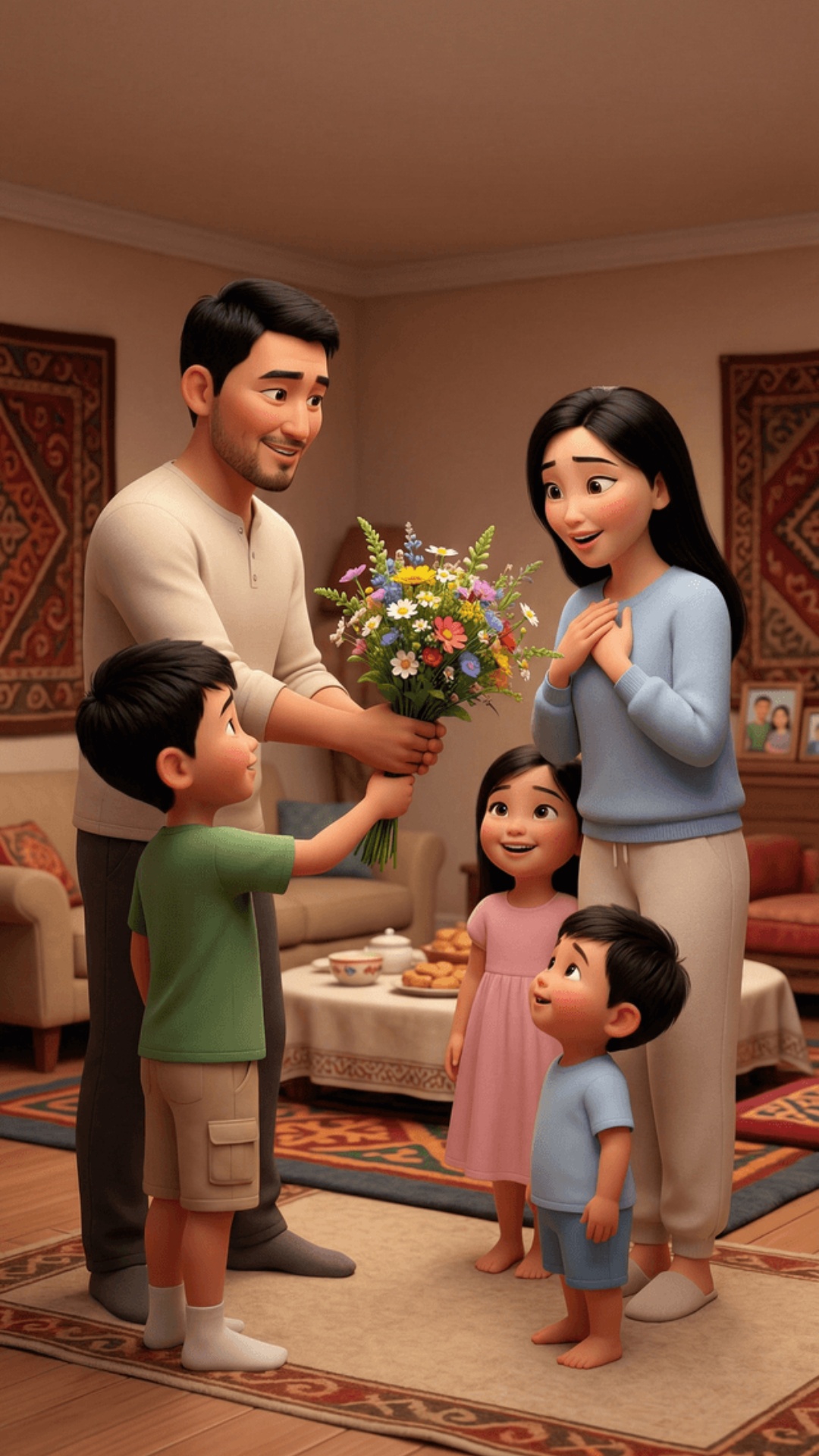 Inside Kyrgyz apartment, warm emotional lighting.

Family standing together.

Camera slowly pushe...