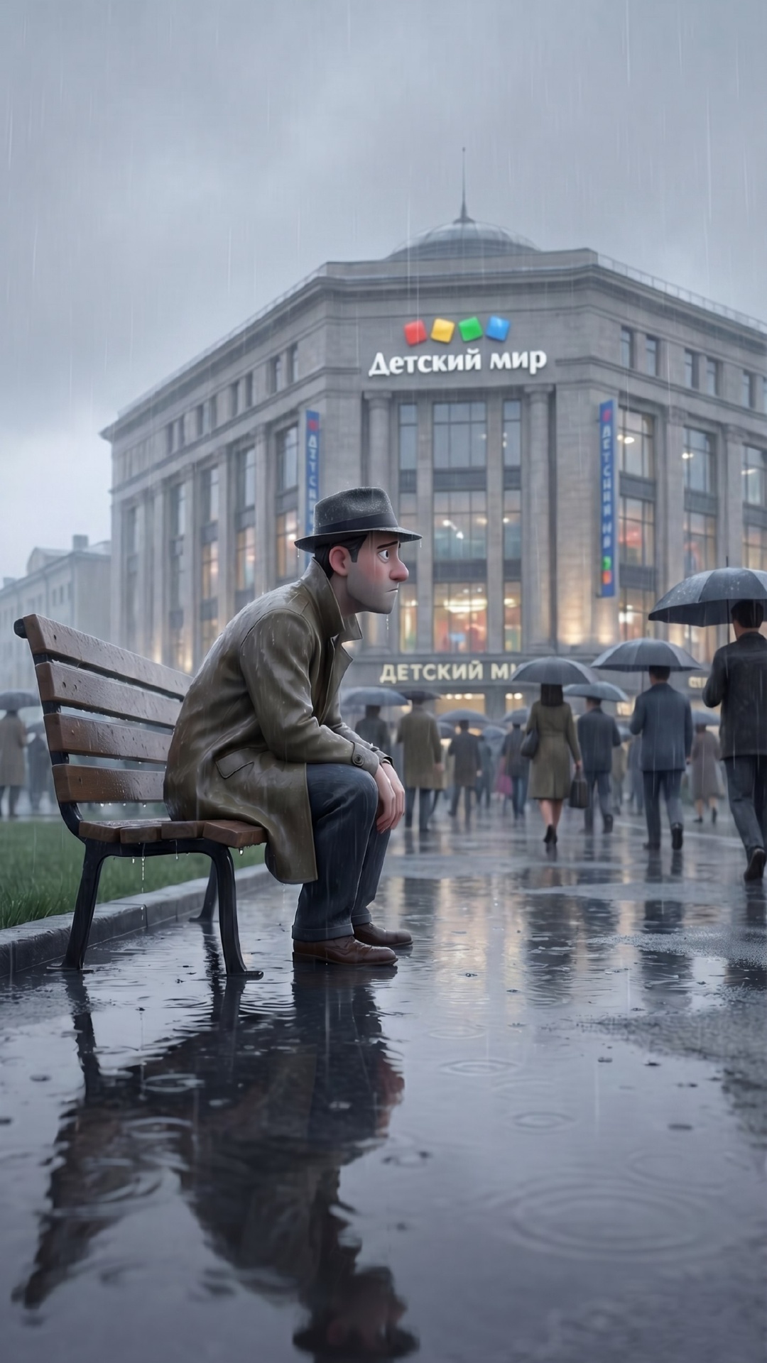 cinematic slow push-in, man sitting on a wet bench in rainy Moscow, he looks down then slowly rai...