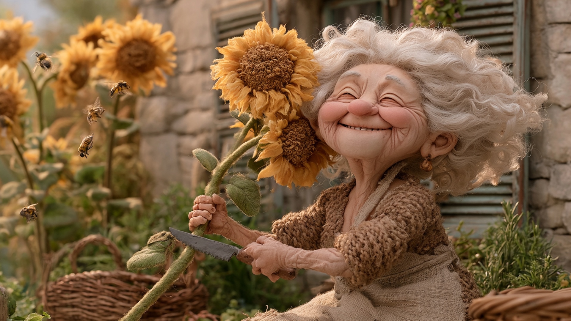 The woman holds the sunflower stem firmly with one hand and completes one clear cutting motion wi...
