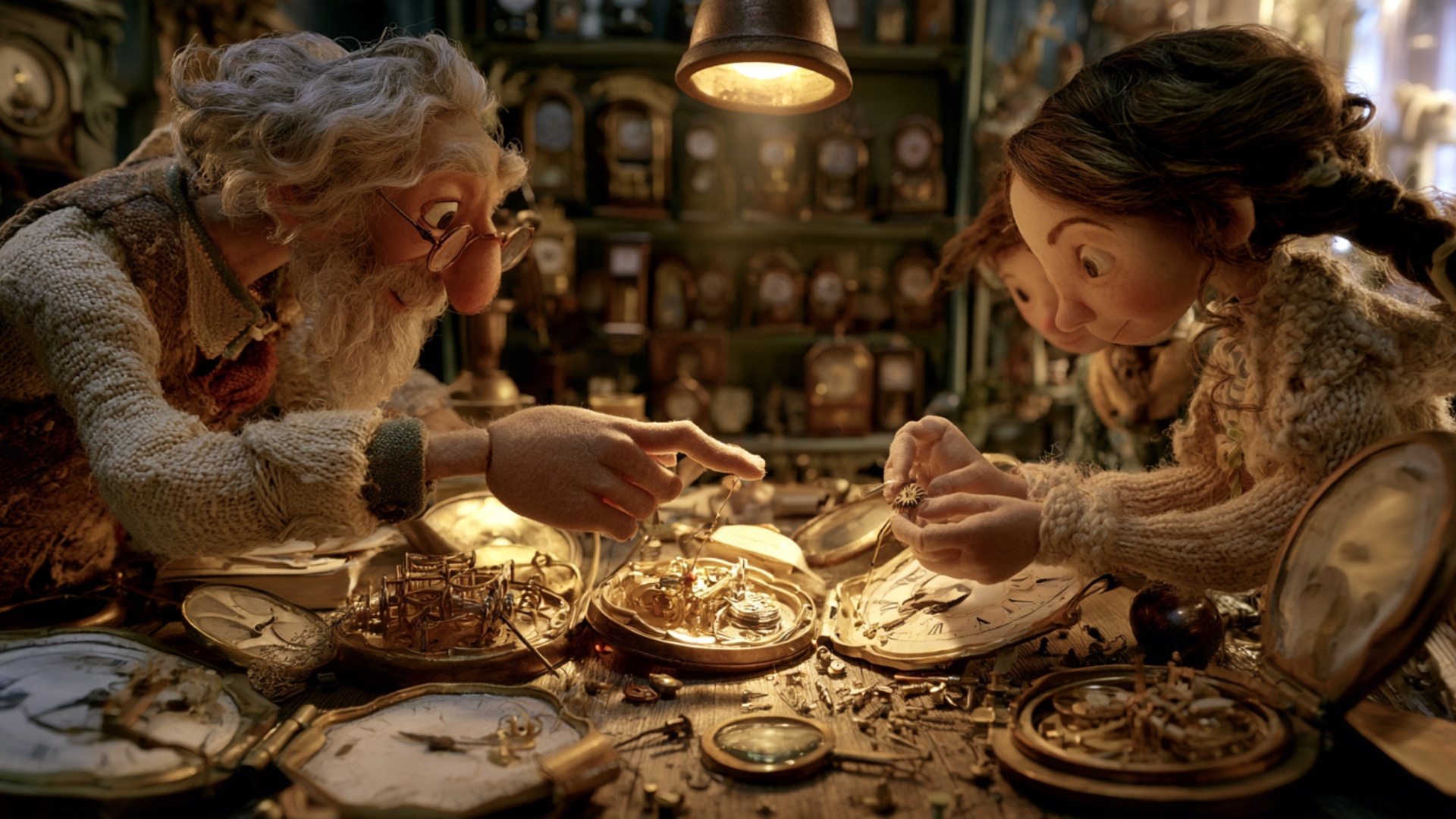 Cinematic push-in toward the central clock mechanism. The elderly watchmaker makes one small deli...