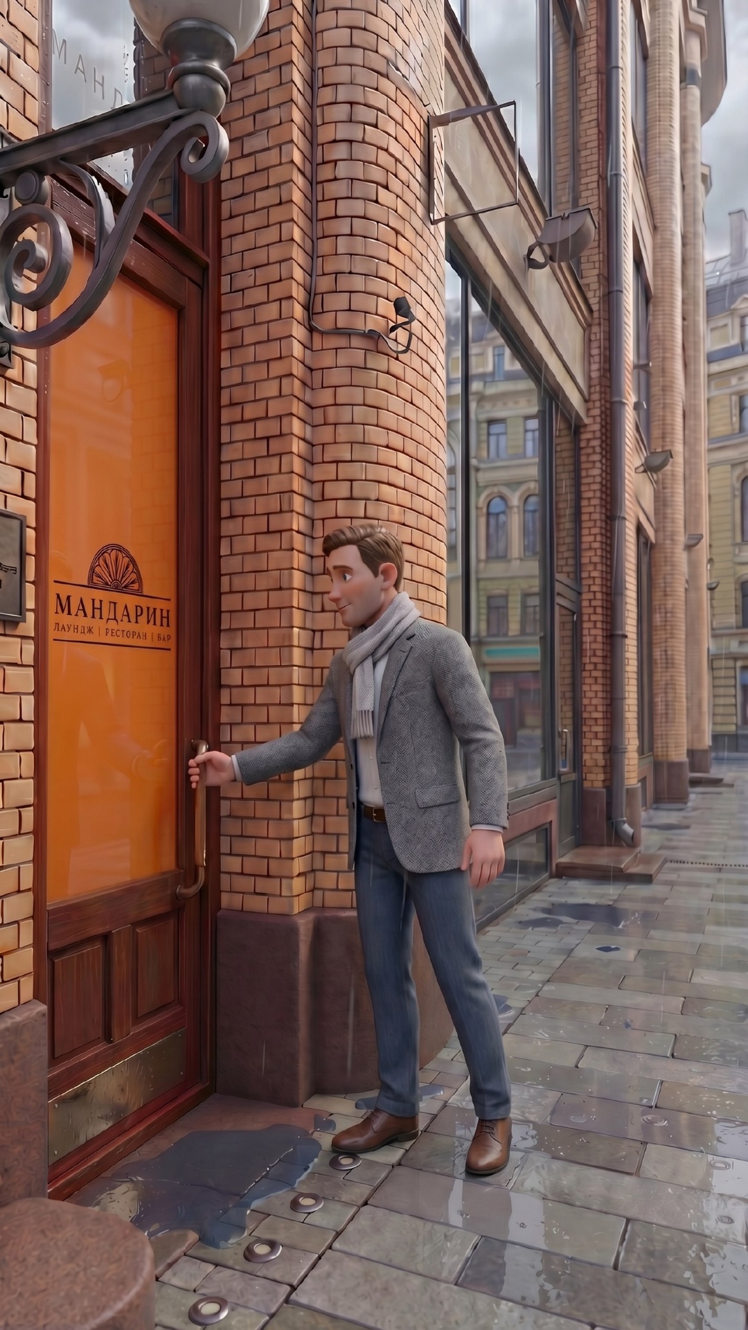cinematic medium shot, warm orange light glowing through the glass door, man standing at the entr...