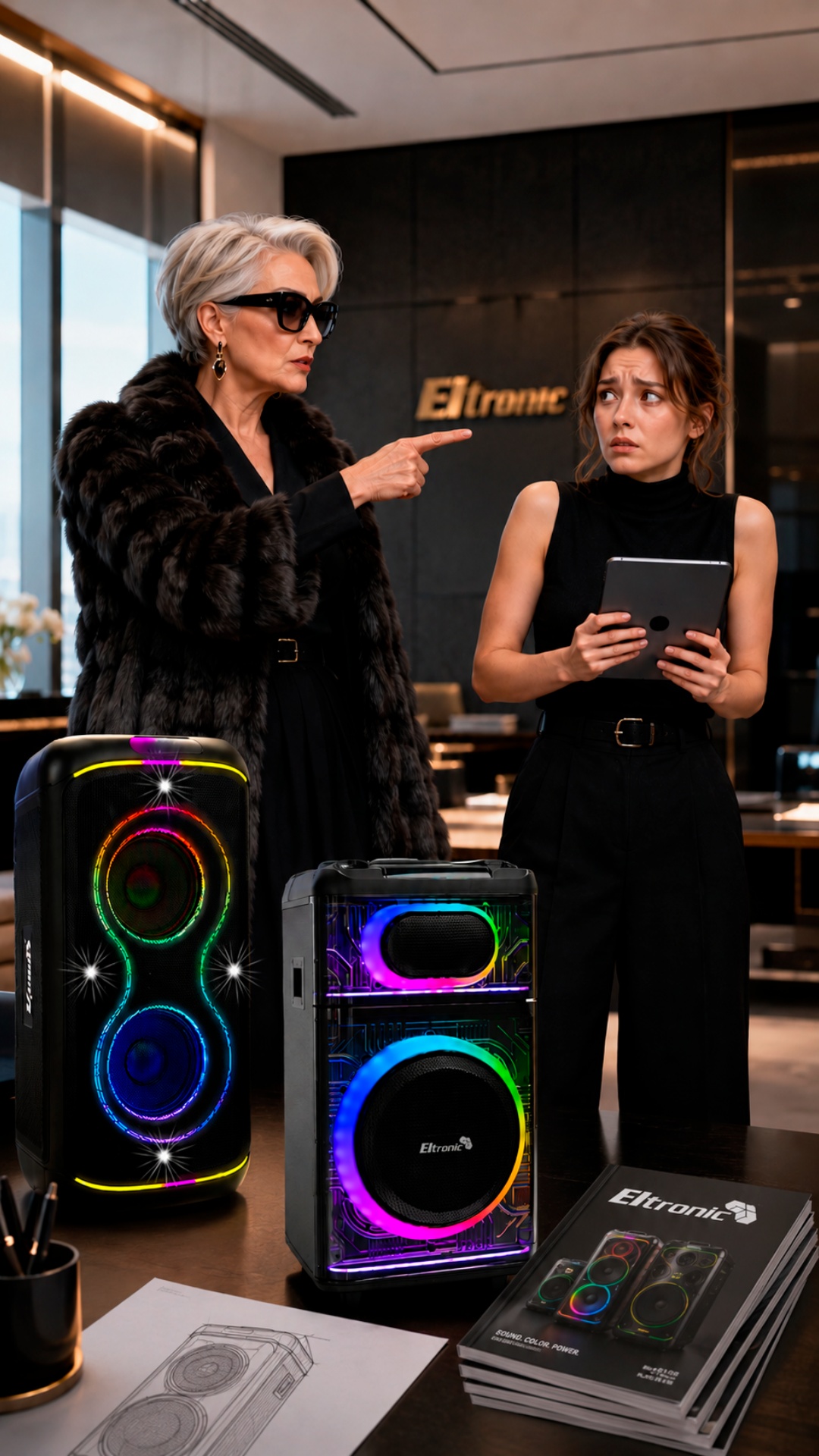 Strict older fashion boss woman points critically toward product presentation while frightened em...