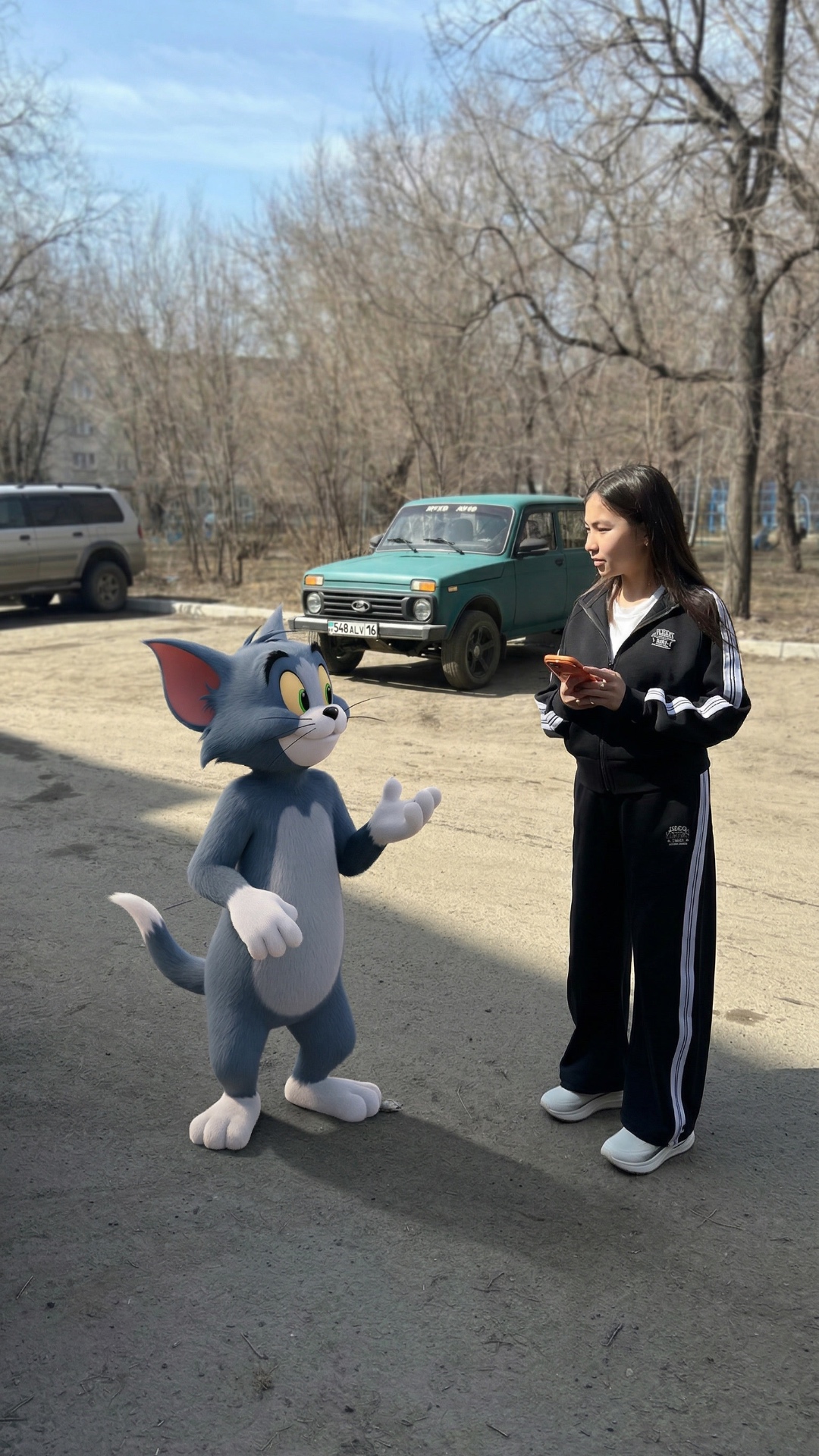 A cinematic short video of a young girl standing on a dusty street with parked cars and leafless ...