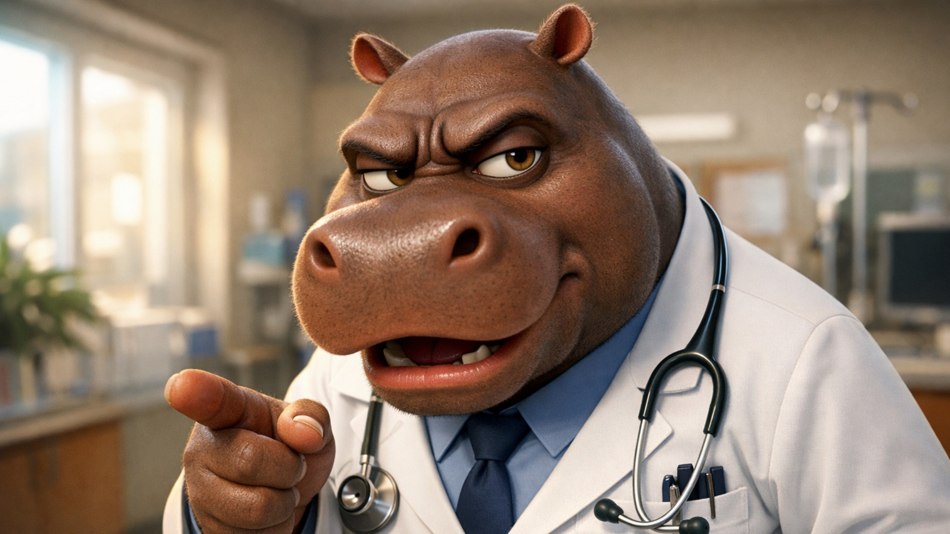 3d fluid expressive animation of anthro male hippo doctor talking suspiciously