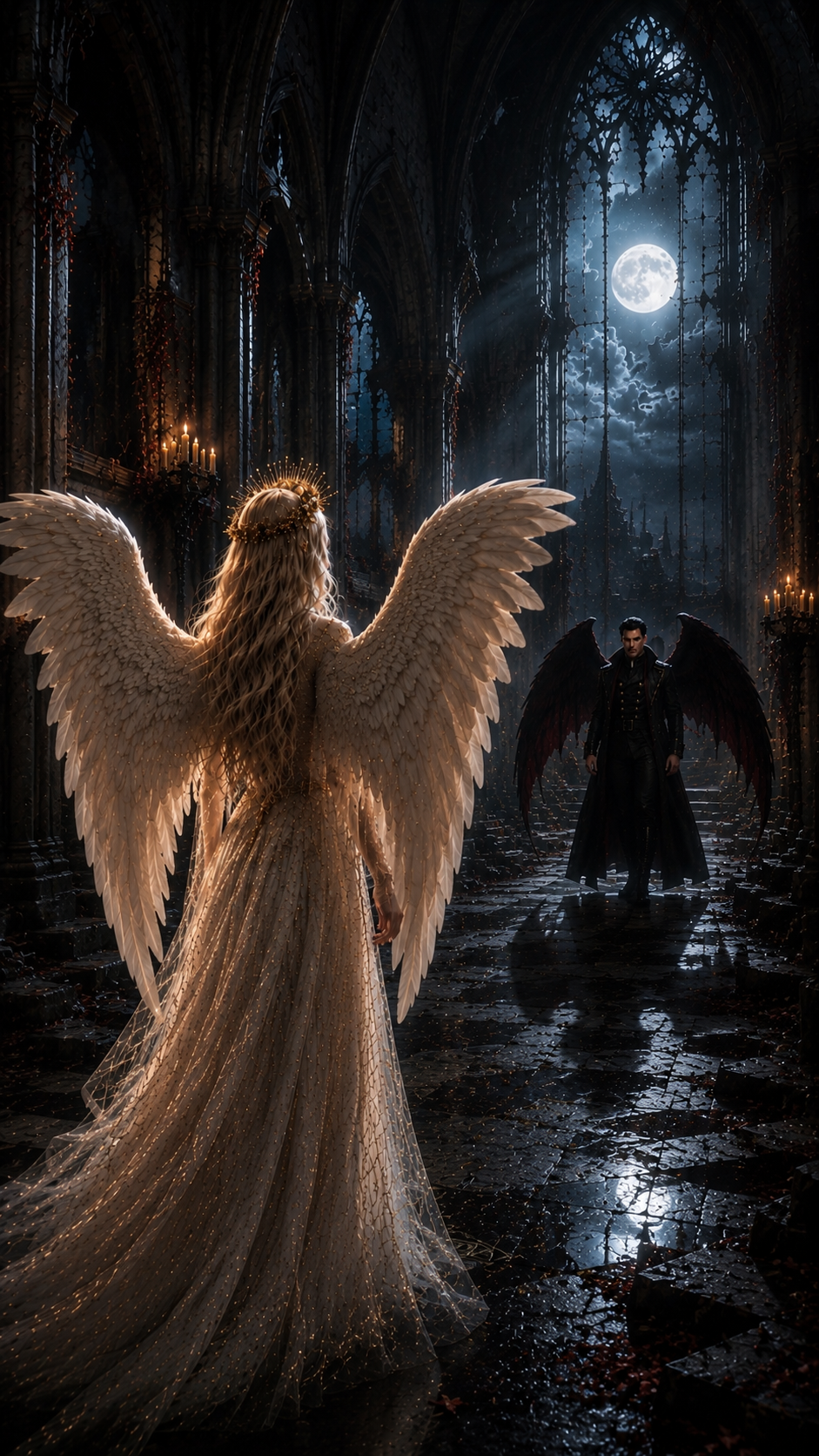 Use reference characters.

Viki enters a ruined cathedral under moonlight. At the far end of the ...