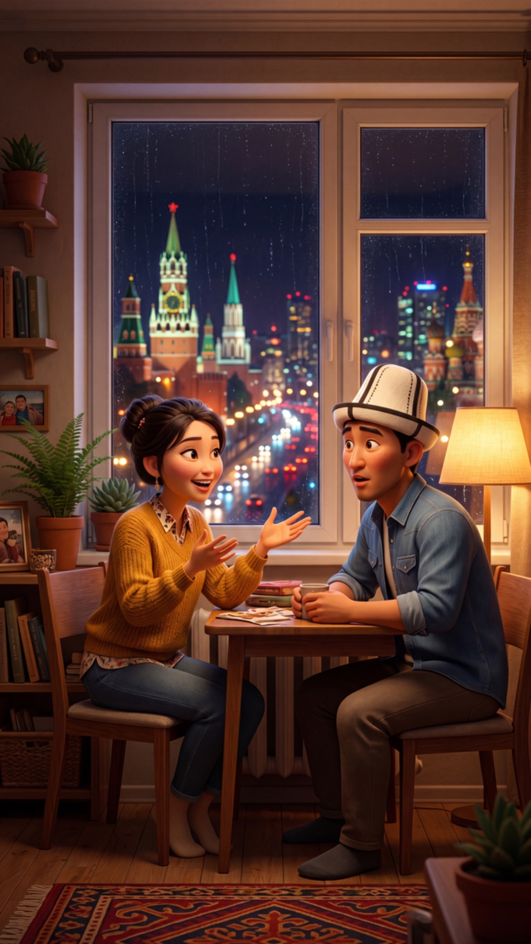 Pixar 3D animation, cinematic realism, vibrant warm colors.
Moscow apartment, night. Cozy room, ...