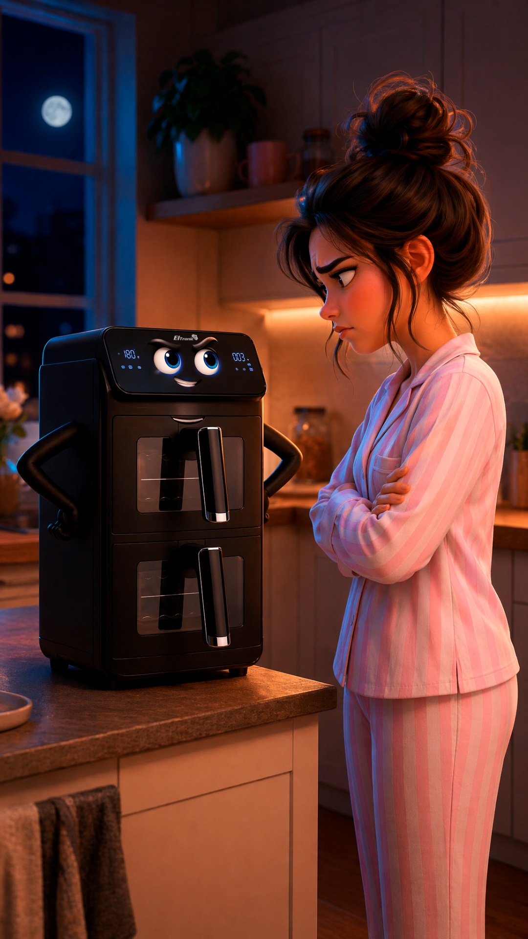 Static medium shot.

The girl and the anthropomorphic air fryer stare at each other.

The gir...
