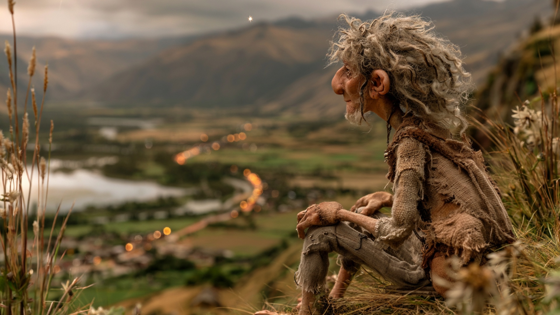 The elderly man remains seated in the grass in the exact pose, quietly watching the valley below....