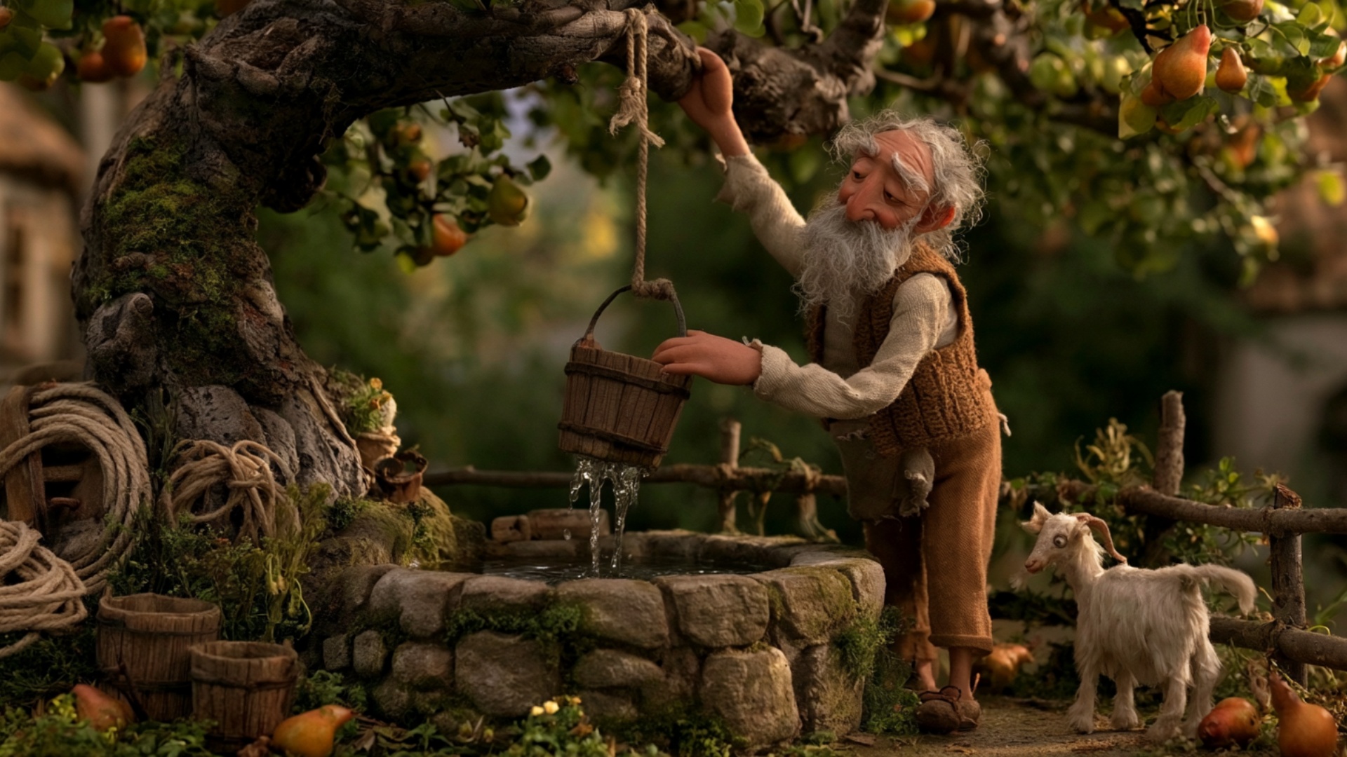 The farmer swings the full bucket gently away from the well and lowers it toward the ground durin...