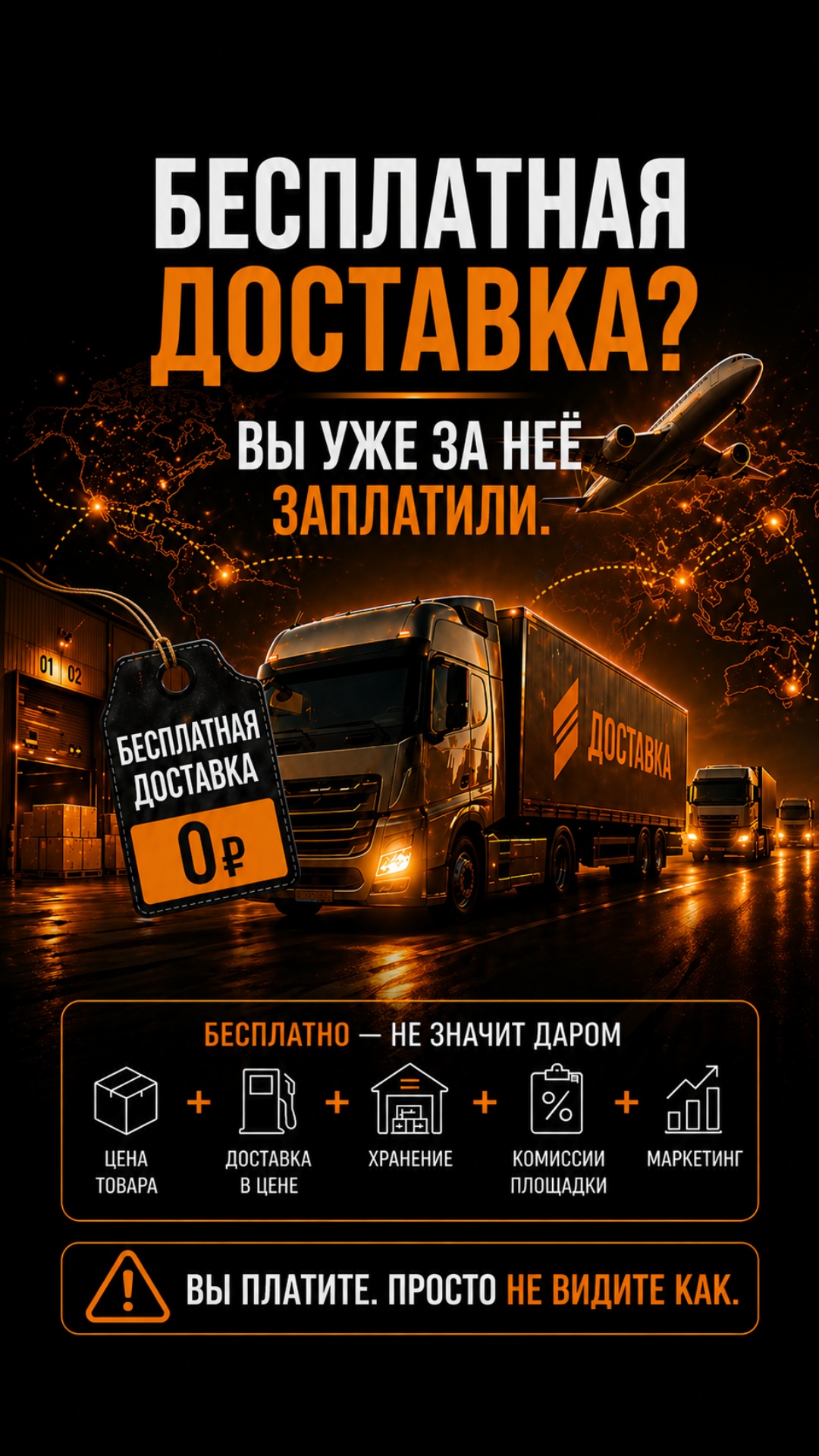 Лёгкий параллакс: фон с картой мира, грузовик, самолёт, бирка “БЕСПЛАТНАЯ ДОСТАВКА 0 ₽” и нижний ...
