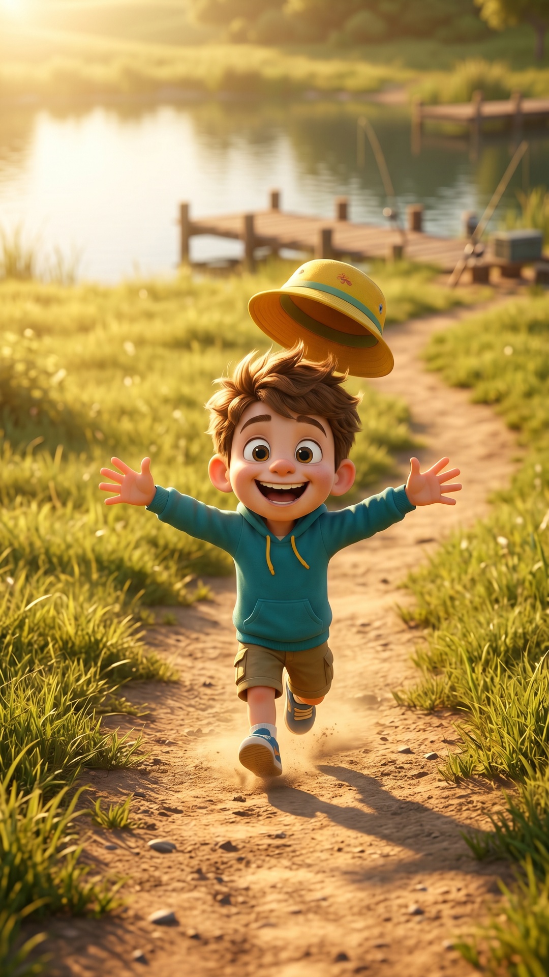 Little boy happily runs toward camera along path near lake, arms wide open, yellow hat bouncing s...