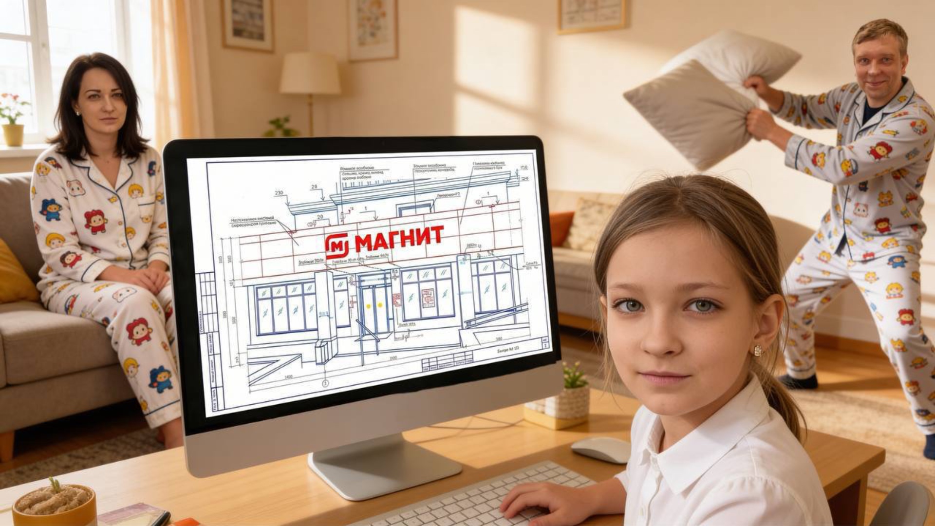 {
  "style":"realistic cinematic live-action",
  "scene":"playful family home office",
  "camera"...