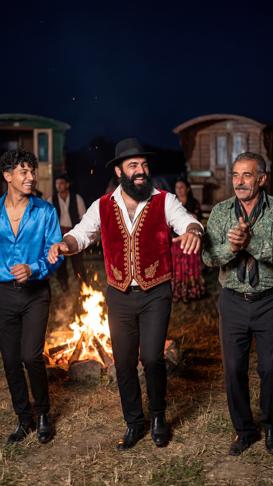 Three men begin to dance rhythmically in place, shrugging their shoulders and clapping their hand...