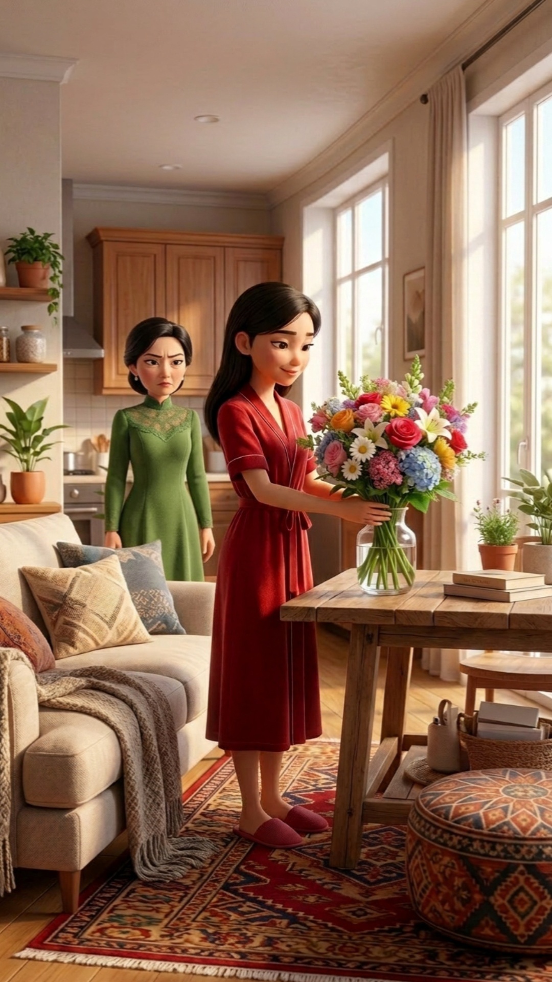 Medium shot in a cozy modern living room. A middle-aged woman in a green dress is standing confid...
