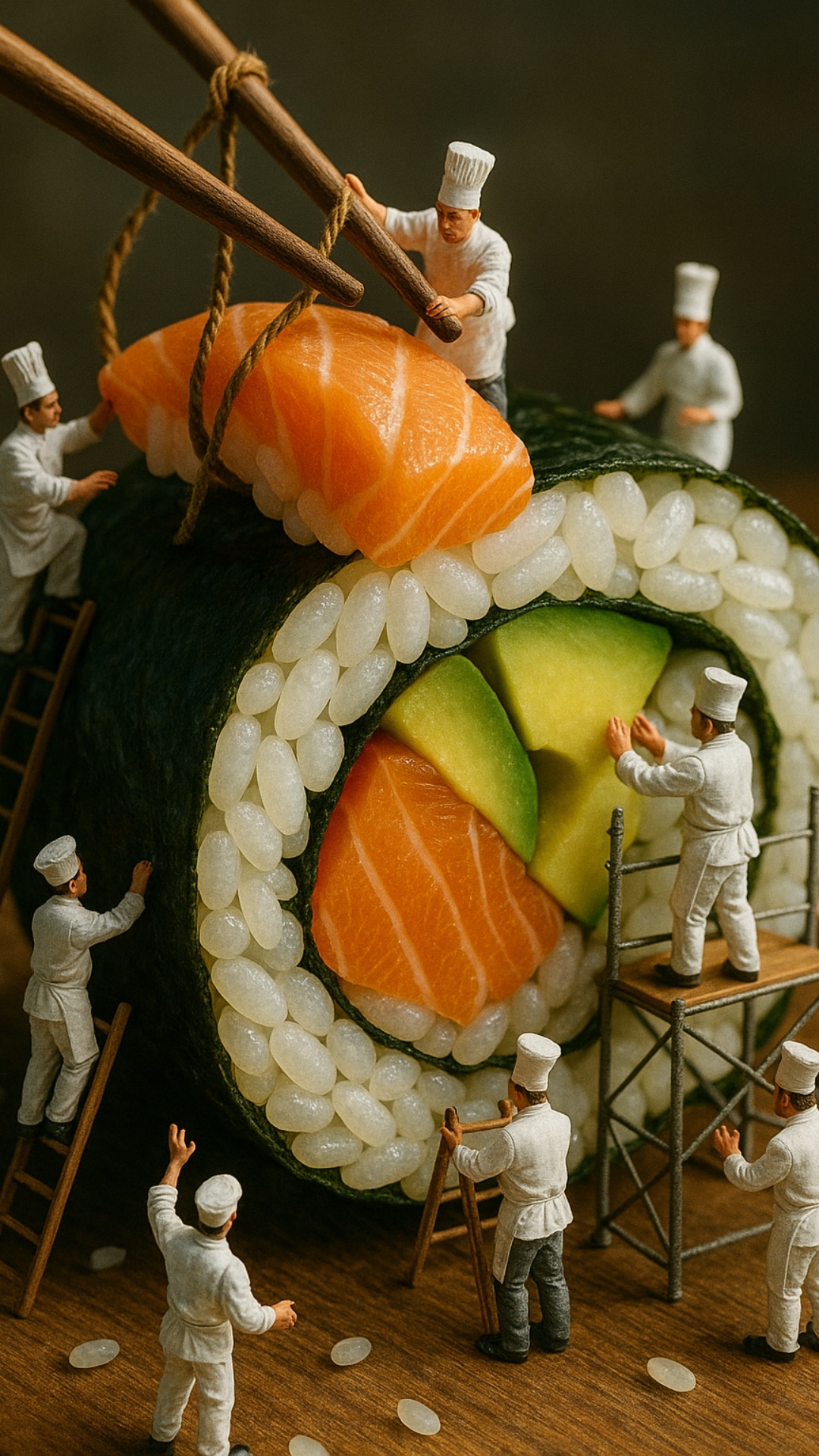 Cinematic animation of a giant sushi roll being assembled on a wooden surface by tiny chefs in wh...