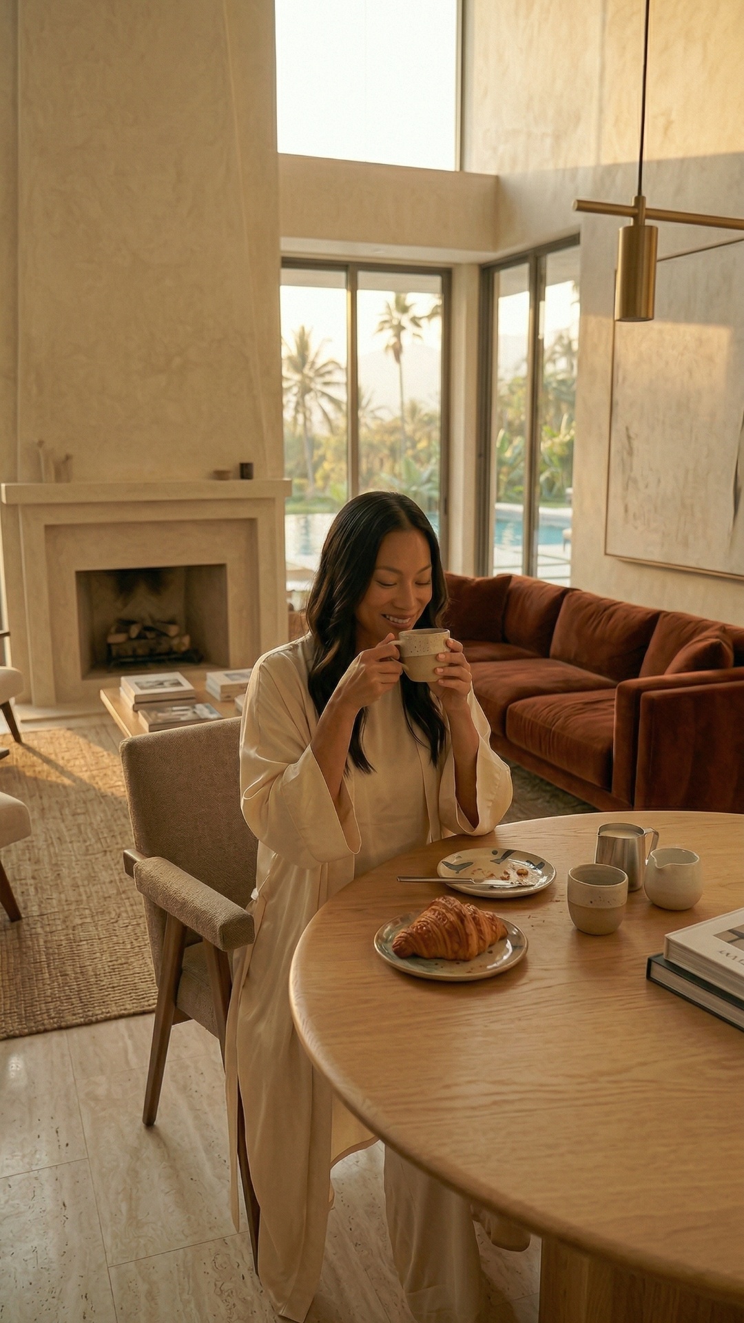 she finished her morning coffee, takes a laptop and goes to the swimming pool