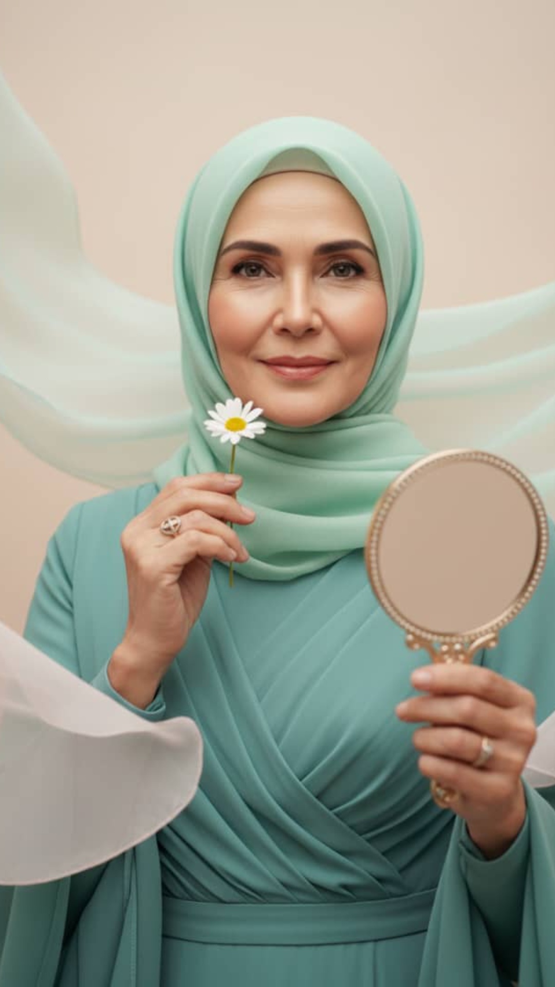Animate this uploaded photo:
– The woman gently looks at the camera, soft blink
– Then slowly sta...