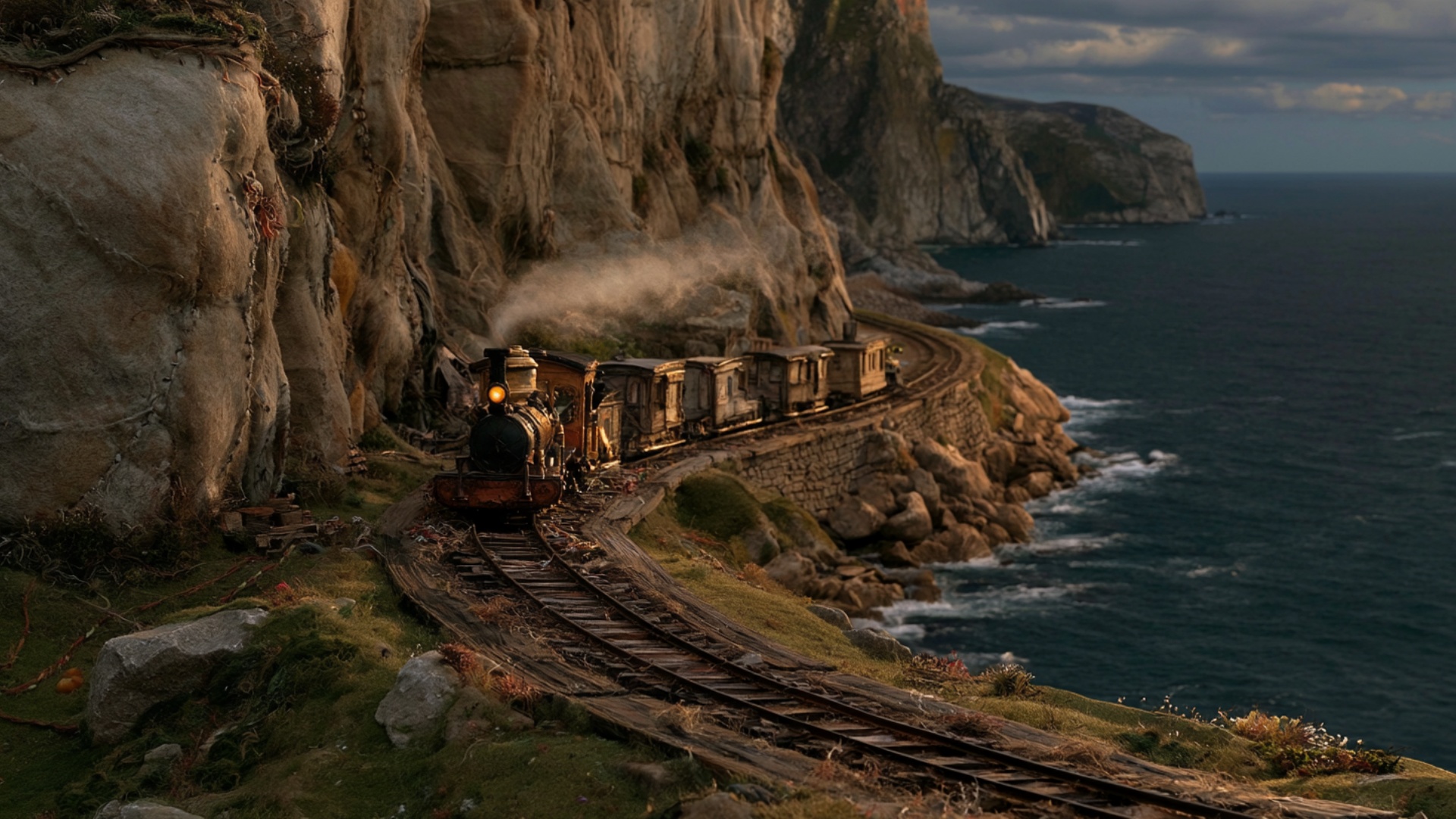 Mostly locked camera with a gentle pull-back. The steam train advances several meters toward the ...